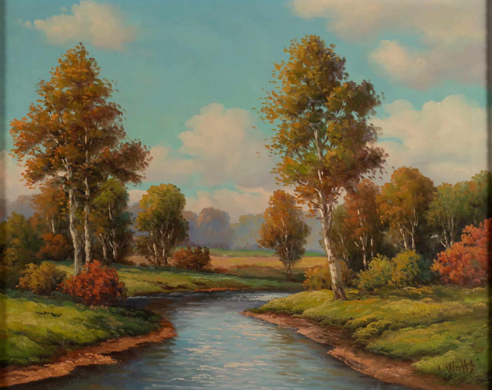 COUNTRY LANDSCAPE, SIGNED 'L WATTS': COUNTRY LANDSCAPE, SIGNED 'L WATTS' 20th century, oil on canvas, signed lower right. Framed. 24 x 30 in. (61 x 76.2 cm.), Frame: 29 3/4 x 35 1/2 in. (75.6 x 90.2 cm.)