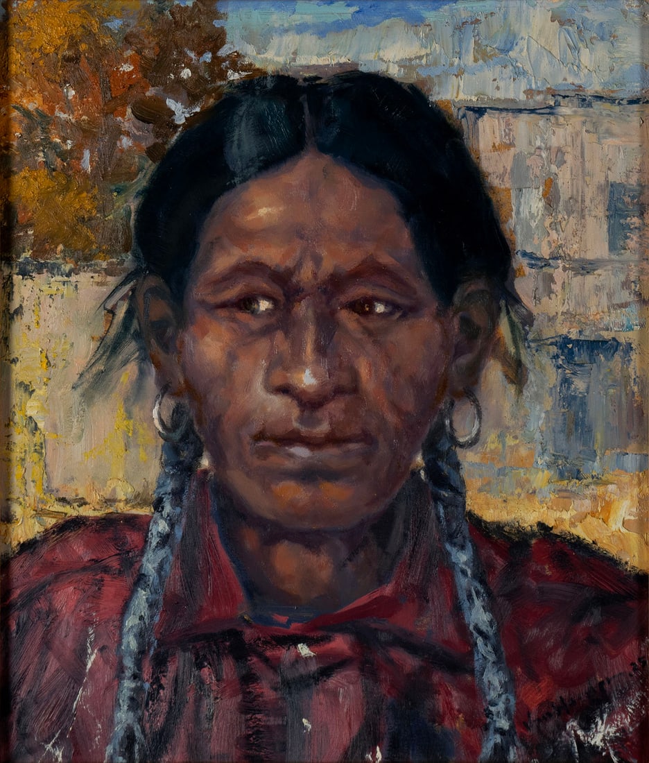 CARL VON HASSLER (AMERICAN, 1887-1969): Carl Von Hassler American, 1887-1969 A Taos Indian Oil on board Signed and dated 25 lower right. Portrait of a Native American, framed. 14 x 12 in. (35.6 x 30.5 cm.), Frame: 21 1/2 x 19 1/2 in. (54.6 