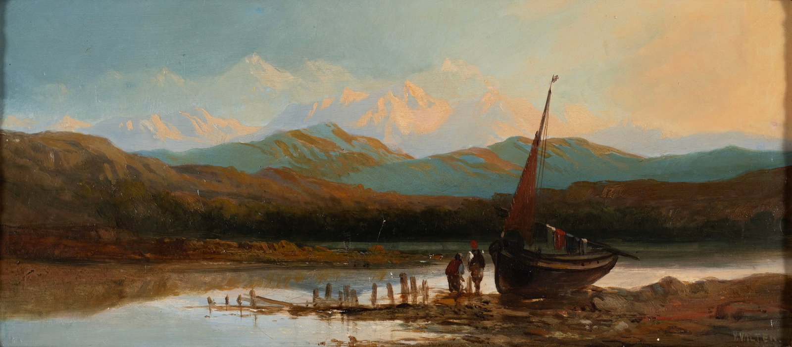 HENRY VALTER (BRITISH, 1854-1898): Henry Valter British, 1854-1898 Souvenir des Alpes Oil on board Signed lower right, also signed and titled to verso. Lakeshore with mountains in the distance, framed. 7 1/4 x 15 in. (18.4 x 38.1
