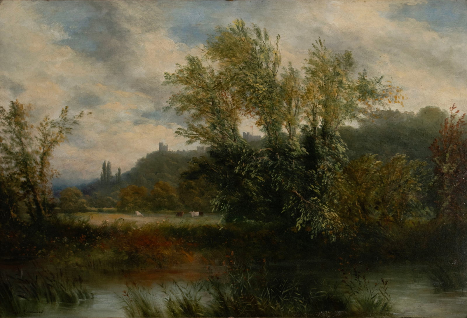 WIGGS KINNAIRD (BRITISH, 1875-1915): Wiggs Kinnaird British, 1875-1915 Oil on board Signed lower left. Country landscape with castle in the distance, framed. 20 x 30 in. (50.8 x 76.2 cm.), Frame: 27 x 37 1/2 in. (68.6 x 95.3 cm.)
