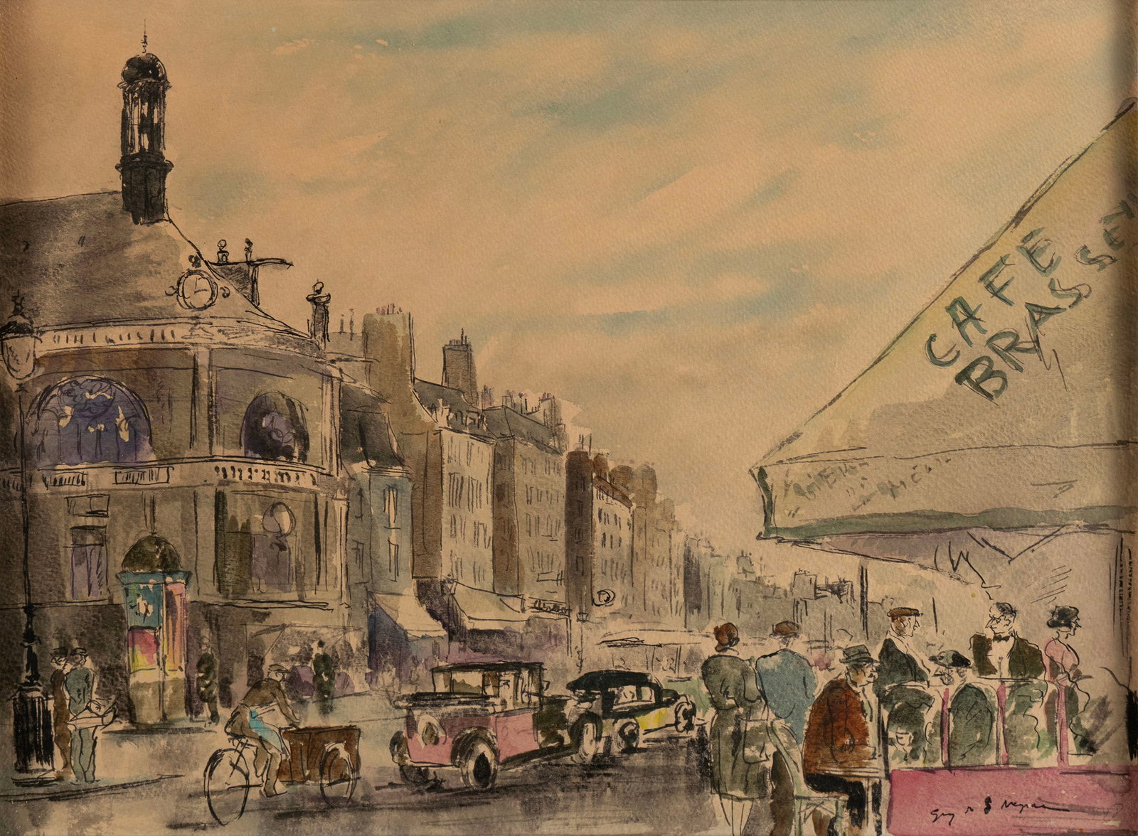 GUY DE NEYRAC (FRENCH, 1900-1950): Guy de Neyrac French, 1900-1950 St. Eustache - Paris Watercolor and ink Signed lower right, titled lower left under mat. Street scene with figures at a cafe on a busy street, framed. Image: 11 3/4 x 1