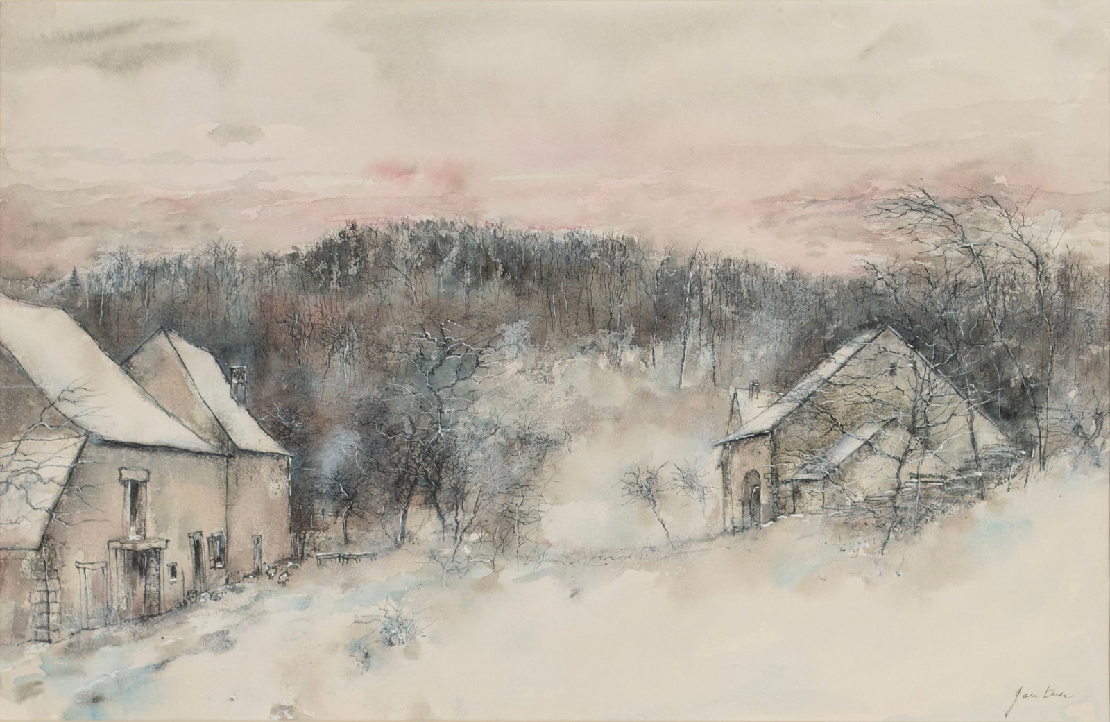 BERNARD GANTNER (FRENCH, 1928-2018): Bernard Gantner French, 1928-2018 Watercolor Signed lower right. Rural winter landscape with barns, matted and framed. Sight: 12 1/4 x 19 1/4 in. (31.1 x 48.9 cm.), Frame: 24 3/4 x 30 3/4 in. (62.9 x 