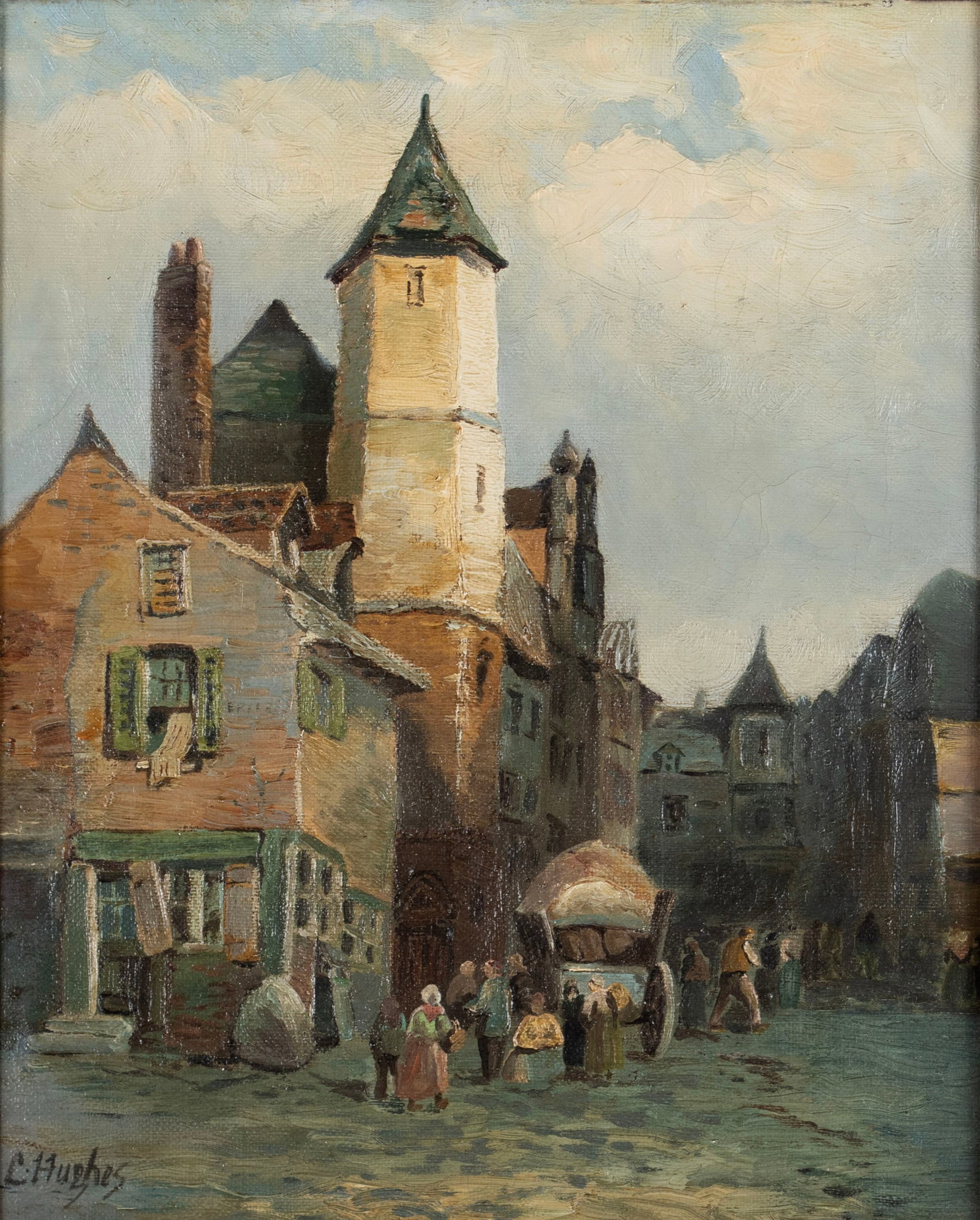 FRENCH VILLAGE SCENE: FRENCH VILLAGE SCENE Late 19th/early 20th century, oil on canvas, signed 'L. Hughes' lower left. Village scene with figures in street, framed. 12 x 10 in. (30.5 x 25.4 cm.), Frame: 17 1/2 x 15 1/4