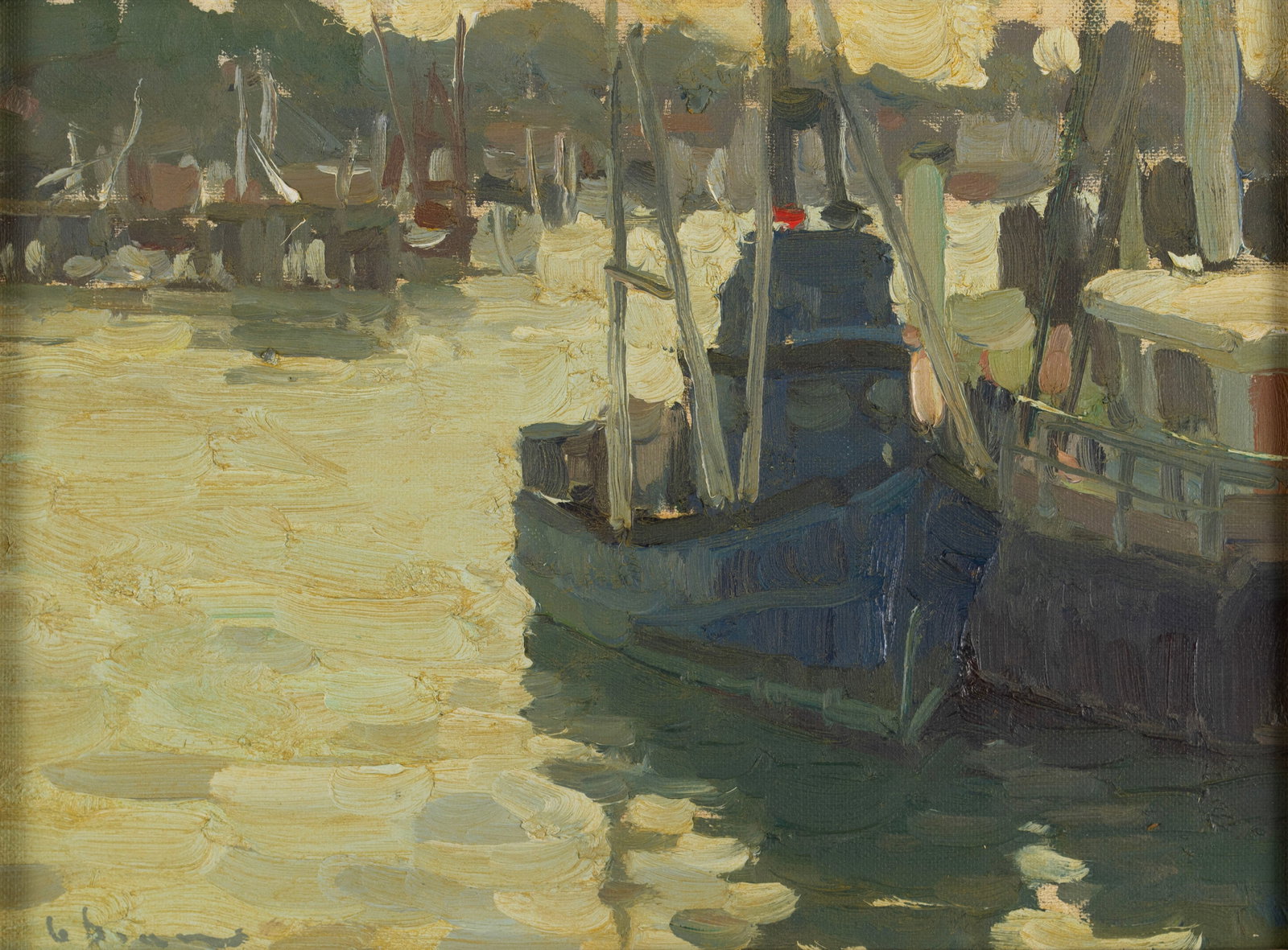 GLENN DEAN (AMERICAN, B. 1976): Glenn Dean American, b. 1976 Oil on board Signed lower left. Boats at a pier, framed. 9 x 12 in. (22.9 x 30.5 cm.), Frame: 12.59 x 15.69 in. (32 x 39.9 cm.)