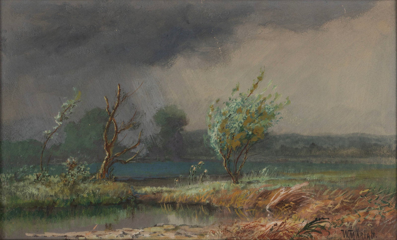 STORMY LANDSCAPE, SIGNED 'W MARIAH': STORMY LANDSCAPE, SIGNED 'W MARIAH' 20th century, pastel and gouache, signed lower right. Landscape with incoming storm, framed. Sight: 11 1/2 x 19 1/2 in. (29.2 x 49.5 cm.), Frame: 17 1/2 x 25 1/2