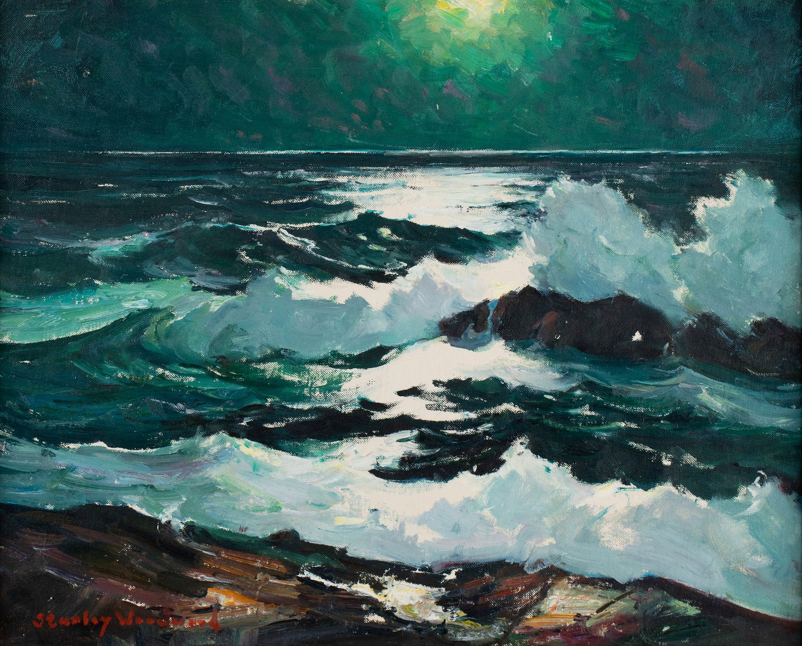 STANLEY WOODWARD (AMERICAN, 1890-1970): Stanley Woodward American, 1890-1970 Oil on board Signed lower left. Moonlit seascape, framed. Sight: 15 1/2 x 19 1/2 in. (39.4 x 49.5 cm.), Frame: 18 3/4 x 22 3/4 in. (47.6 x 57.8 cm.)