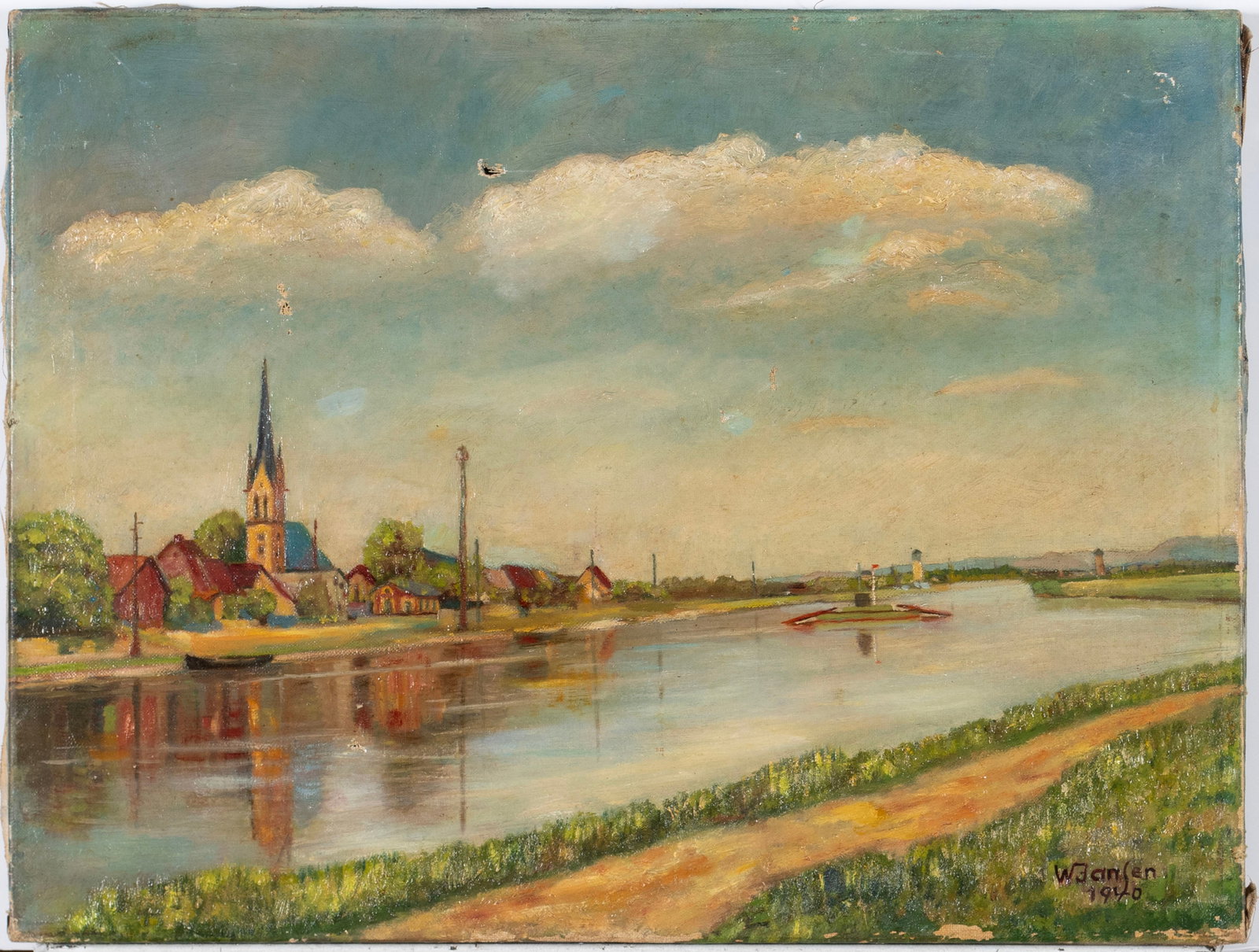 RIVER LANDSCAPE, SIGNED 'W JANSEN': RIVER LANDSCAPE, SIGNED 'W JANSEN' Dated 1940, oil on canvas, signed lower right. Landscape with town along a river, unframed. 17 x 22 1/2 in. (43.2 x 57.2 cm.)