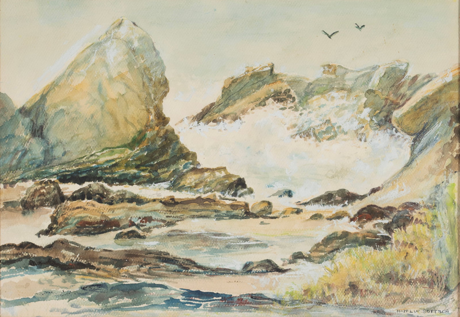 HAZEL W. GOETSCH (AMERICAN (MISSOURI), 1892-1984): Hazel W. Goetsch American (Missouri), 1892-1984 Watercolor Signed lower right. Rocky coastal scene with crashing waves, framed. Hazel Goetsch married artist, Gustav Frederick Goetsch, in 1918. She