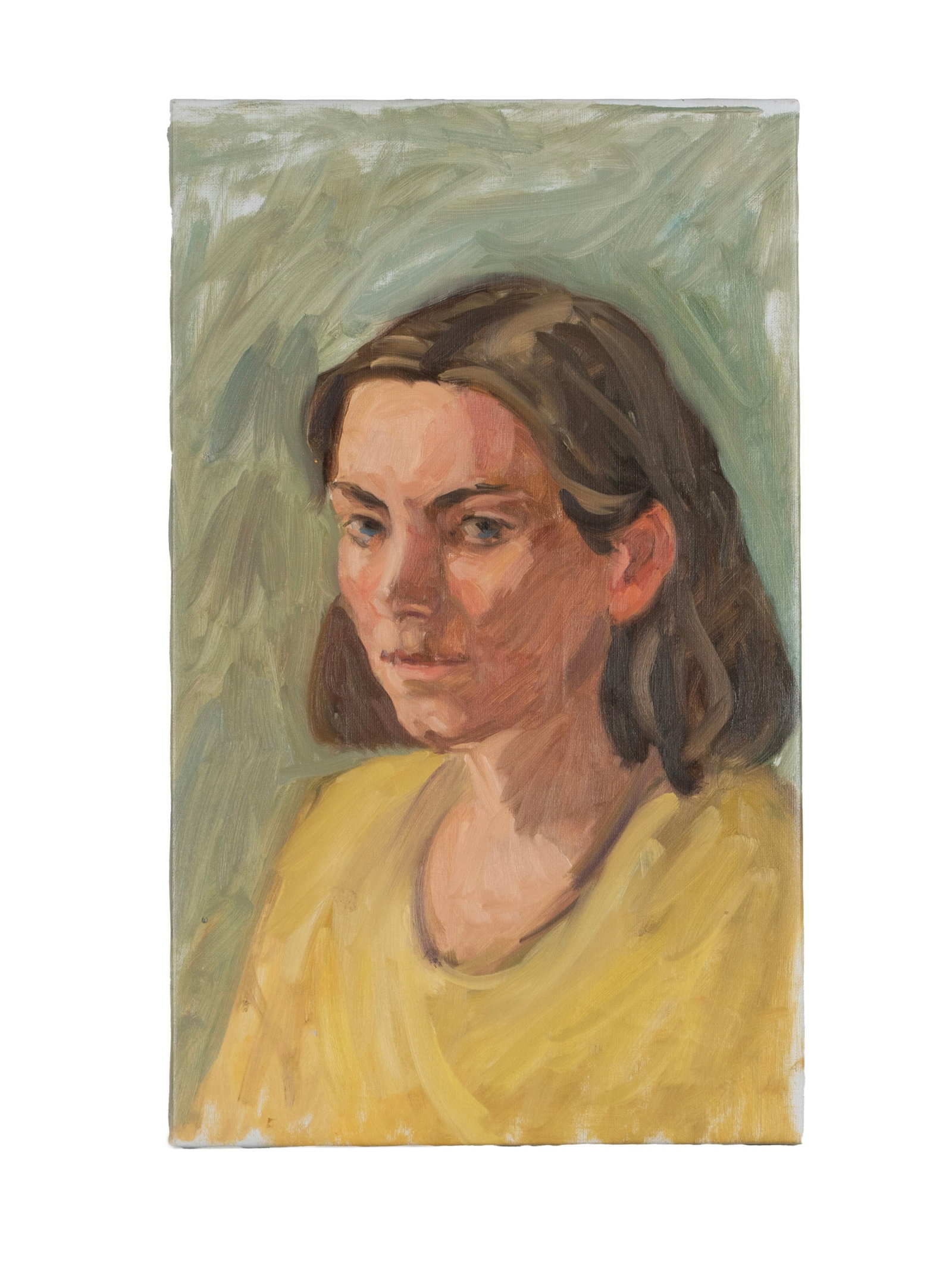 VIRGINIA 'TITO' GAY (AMERICAN, 1932-2024): Virginia 'Tito' Gay American, 1932-2024 Courtney Oil on canvas Unsigned. Portrait of a woman in yellow shirt, unframed. Tito attended Washington University where she studied painting under Fred