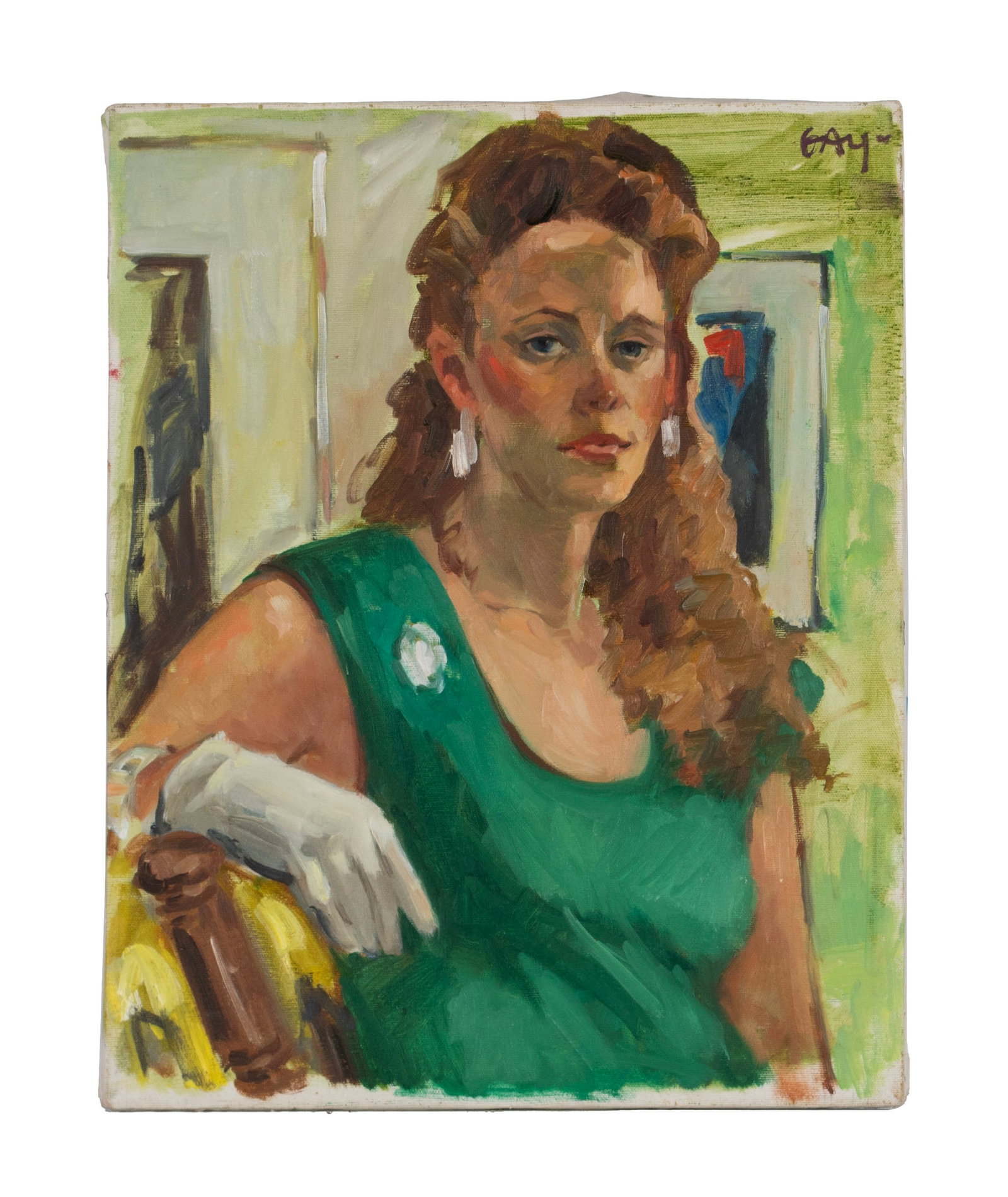 VIRGINIA 'TITO' GAY (AMERICAN, 1932-2024): Virginia 'Tito' Gay American, 1932-2024 Girl in a Gallery Oil on canvas Signed upper right. Woman in green dress, unframed. Tito attended Washington University where she studied painting under Fred