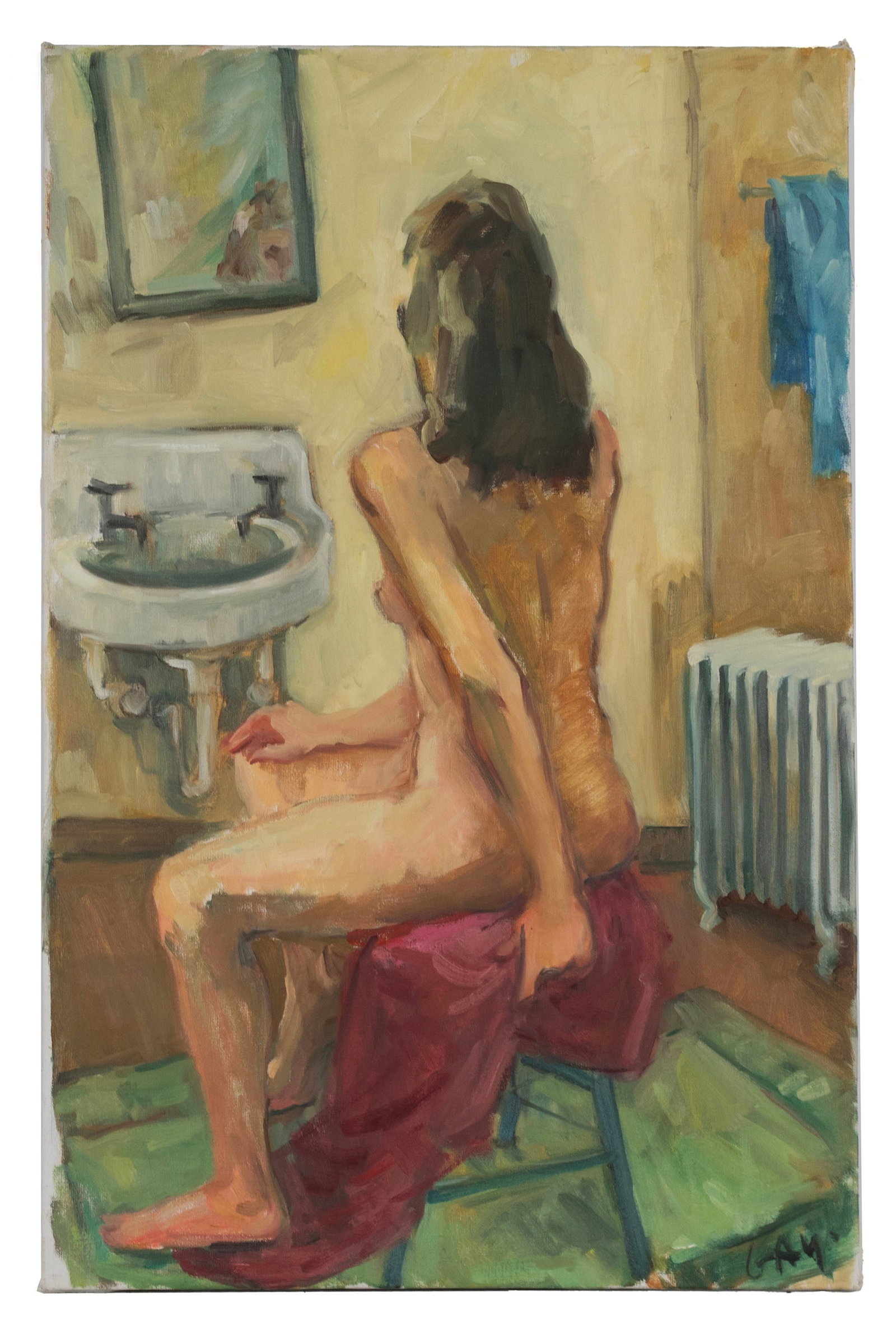 VIRGINIA 'TITO' GAY (AMERICAN, 1932-2024): Virginia 'Tito' Gay American, 1932-2024 Morning Routine Oil on canvas Signed lower right. Seated nude in a bathroom, unframed. Tito attended Washington University where she studied painting under