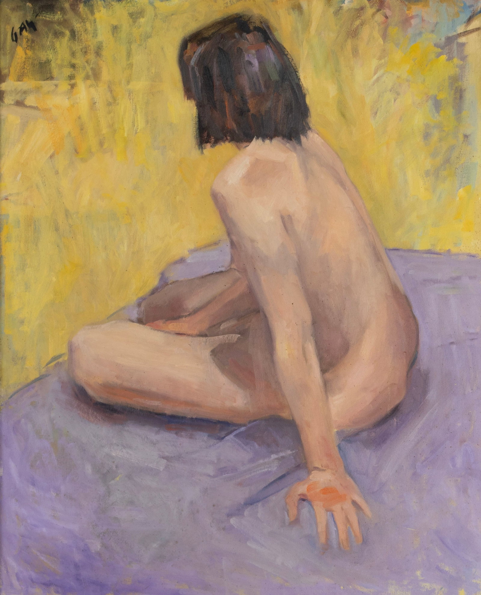 VIRGINIA 'TITO' GAY (AMERICAN, 1932-2024): Virginia 'Tito' Gay American, 1932-2024 Lavender Model Oil on canvas Signed upper left. Seated nude on a purple blanket, framed. Tito attended Washington University where she studied painting under