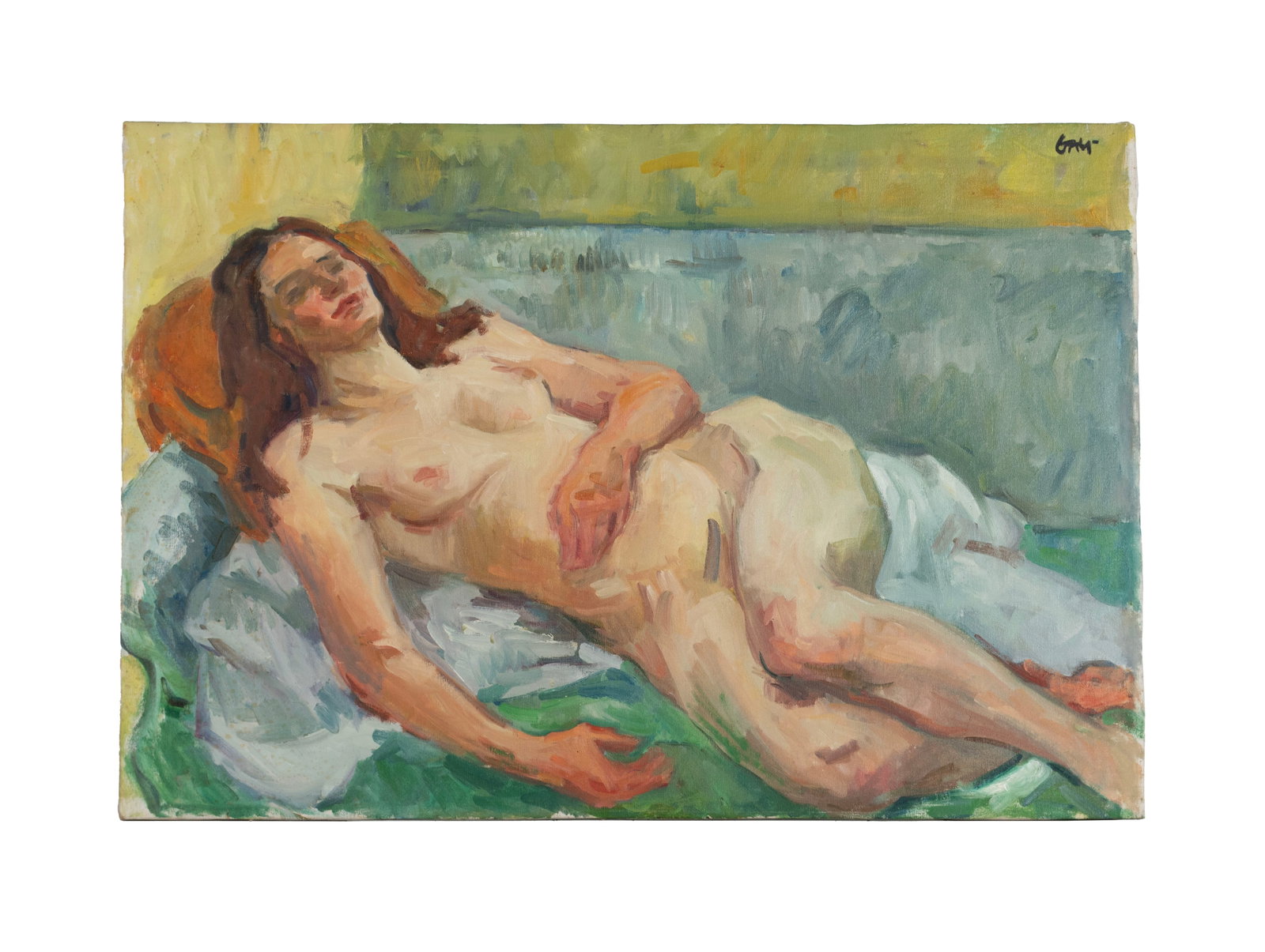 VIRGINIA 'TITO' GAY (AMERICAN, 1932-2024): Virginia 'Tito' Gay American, 1932-2024 Sleeping Model Oil on canvas Signed upper right. Reclining nude woman, unframed. Tito attended Washington University where she studied painting under Fred