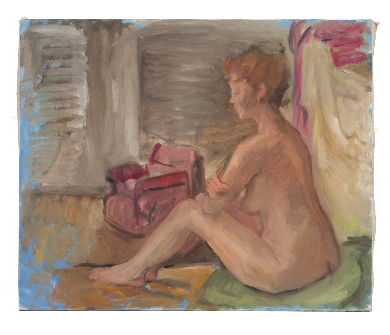 VIRGINIA 'TITO' GAY (AMERICAN, 1932-2024): Virginia 'Tito' Gay American, 1932-2024 Model with Red Chair Oil on canvas Unsigned. Seated nude, unframed. Tito attended Washington University where she studied painting under Fred Conway, earning
