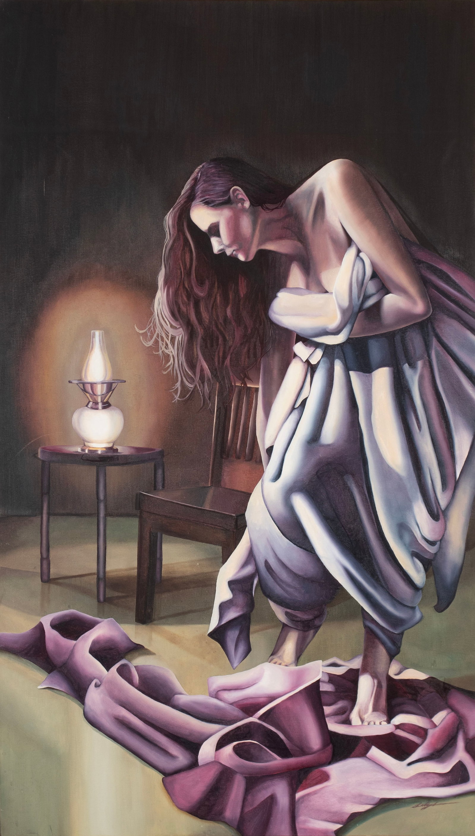 WOMAN DRAPED IN WRAP: WOMAN DRAPED IN WRAP Oil on canvas, signed illegibly. A woman in her boudoir seemingly drying from a bath with a kerosene lamp burning on a nearby table, framed. 64 x 37 3/4 in. (162.6 x 95.9 cm.)