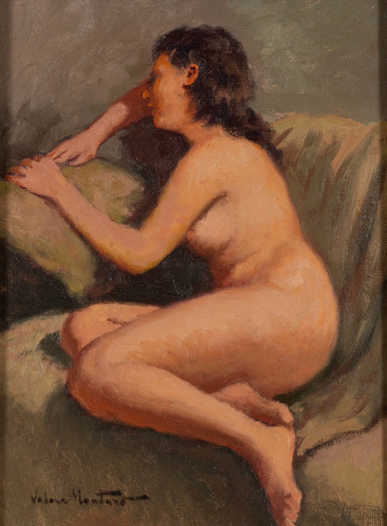 PORTRAIT OF A WOMAN: PORTRAIT OF A WOMAN Oil on canvas, unidentified signature lower left. Portrait of a seated nude woman, framed. 16 x 12 in. (40.6 x 30.5 cm.), Frame: 20 1/4 x 16 1/4 in. (51.4 x 41.3 cm.)