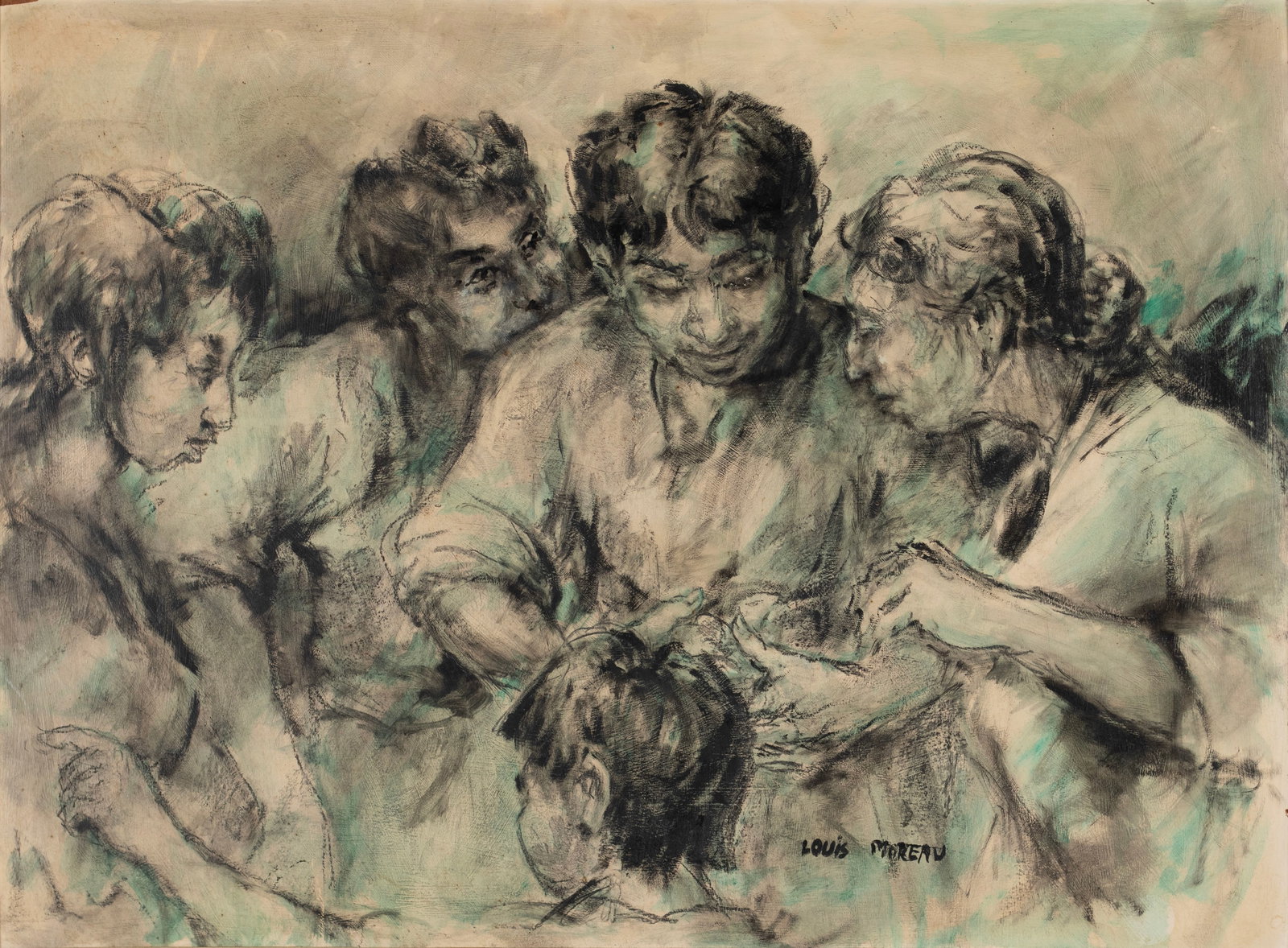 LOUIS MOREAU (FRENCH, 1883-1958): Louis Moreau French, 1883-1958 Oil on board Signed lower right. Black line drawings of figures around a child, green highlights throughout, framed. 23 3/4 x 31 1/2 in. (60.3 x 80 cm.), Frame: 30 x 38
