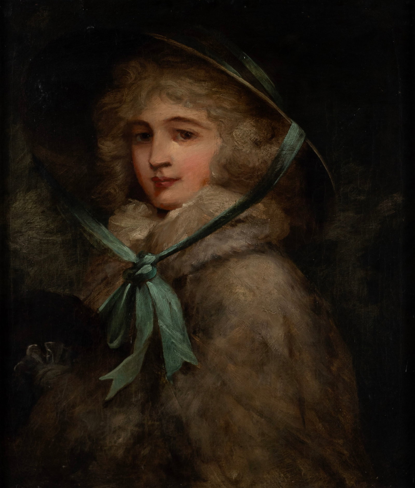 ENGLISH SCHOOL PORTRAIT OF A LADY: ENGLISH SCHOOL PORTRAIT OF A LADY 19th century, oil on canvas, unsigned. Portrait of a young lady in large brim hat with blue silk ribbon wearing a fur cloak, framed. 29 1/2 x 24 in. (74.9 x 61 cm.), 