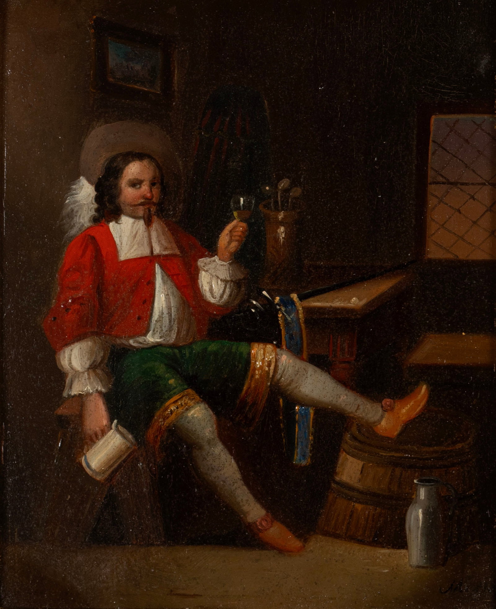 PORTRAIT OF A CAVALIER, SIGNED 'MIRIS': PORTRAIT OF A CAVALIER, SIGNED 'MIRIS' 19th century, oil on panel, signed lower right. Portrait of a man in a tavern, framed. 8 1/8 x 6 3/4 in. (20.6 x 17.1 cm.), Frame: 17 1/4 x 15 3/4 in. (43.8 x 40