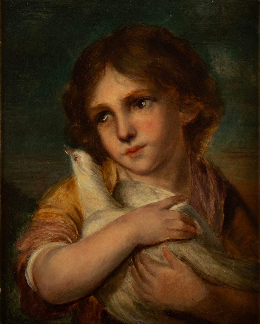 PORTRAIT OF A GIRL WITH DOVE: PORTRAIT OF A GIRL WITH DOVE Early 20th century, oil on canvas, unsigned. Girl holding a dove, framed. Sight: 15 1/2 x 12 1/2 in. (39.4 x 31.8 cm.), Frame: 23 x 20 in. (58.4 x 50.8 cm.)