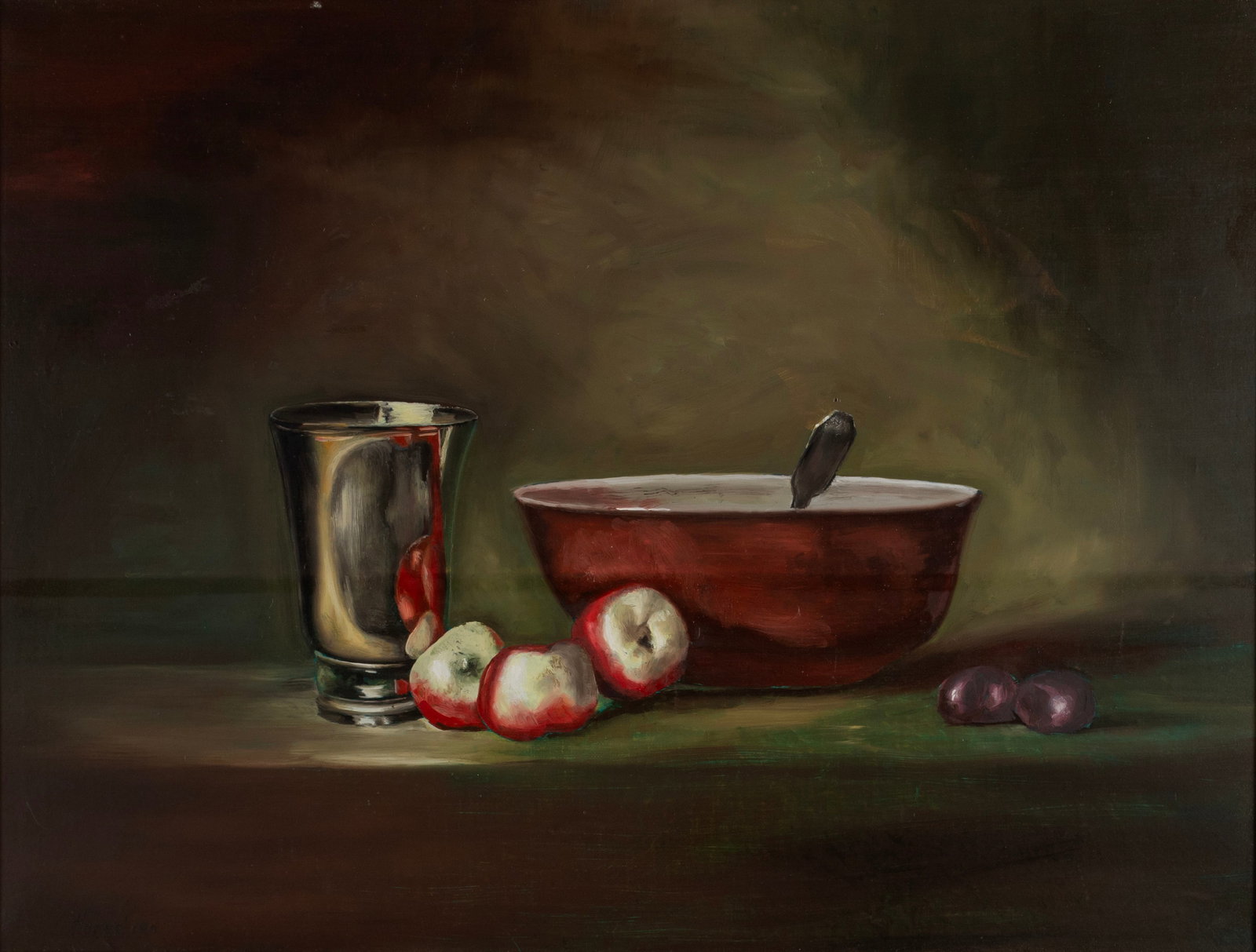 STILL LIFE, SIGNED 'HERVE': STILL LIFE, SIGNED 'HERVE' 20th century, oil on canvas, signed and lower left. Still life with apples and bowl, framed. 18 1/4 x 24 in. (46.4 x 61 cm.), Frame: 23 1/2 x 29 in. (59.7 x 73.7 cm.)