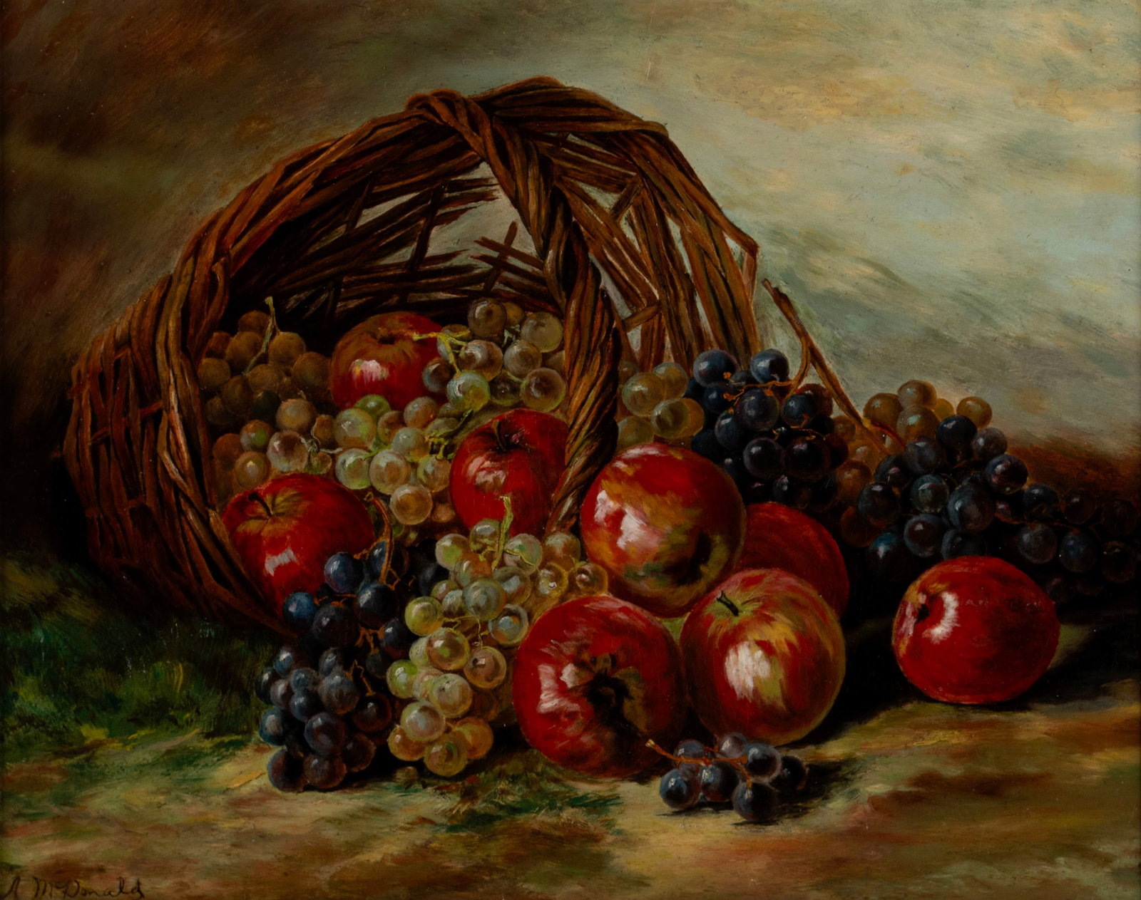 STILL LIFE, SIGNED 'A MCDONALD': STILL LIFE, SIGNED 'A MCDONALD' 20th century, oil on board, signed lower left. Still life with grapes and apples, framed. 14 1/2 x 18 1/2 in. (36.8 x 47 cm.), Frame: 21 1/2 x 25 1/2 in. (54.6 x 64.8 c