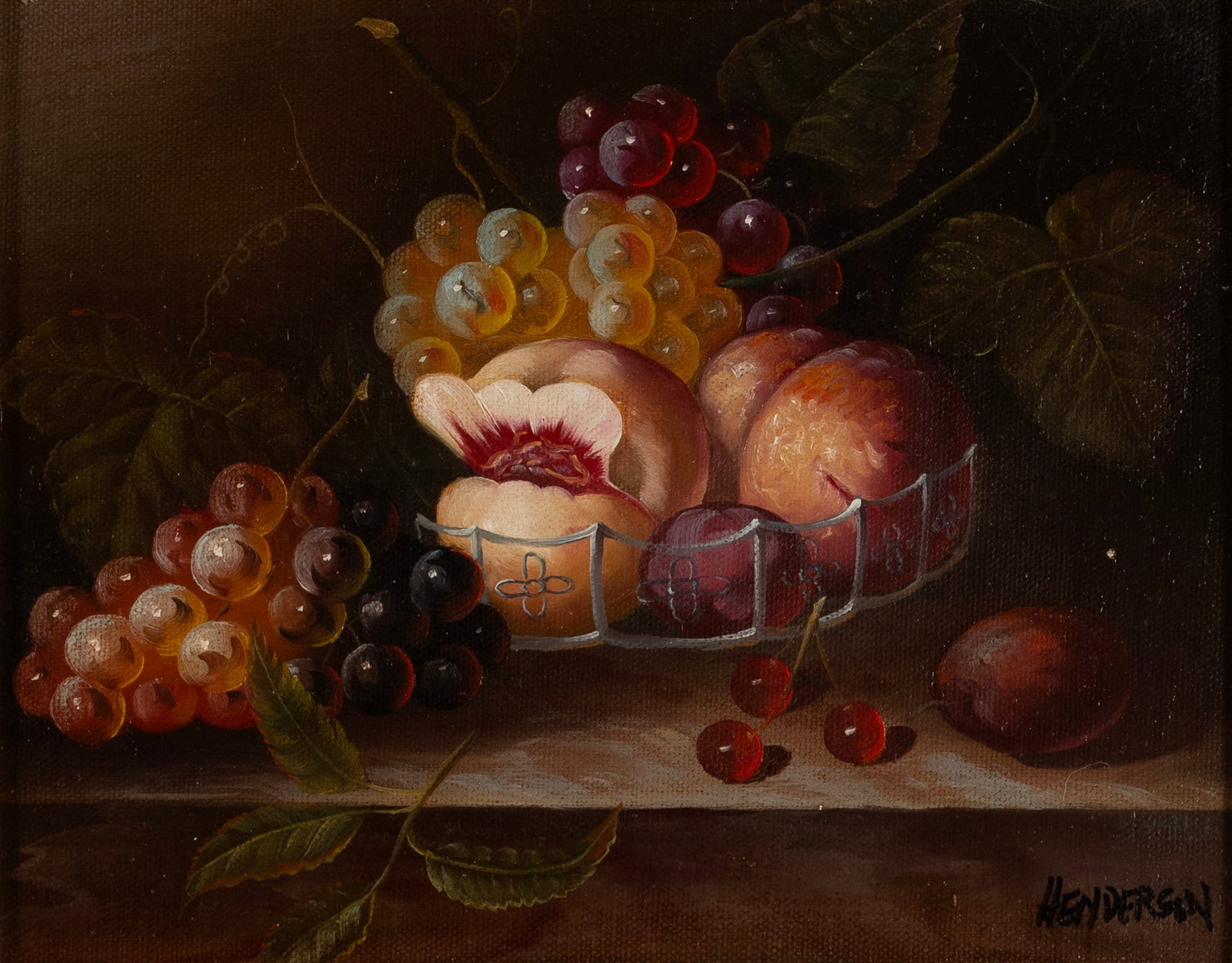 STILL LIFE, SIGNED 'HENDERSON': STILL LIFE, SIGNED 'HENDERSON' 20th century, oil on canvas, signed lower right. Still life with grapes and other fruit, framed. 8 x 10 in. (20.3 x 25.4 cm.), Frame: 21 1/4 x 23 1/4 in. (54 x 59.1 cm.)