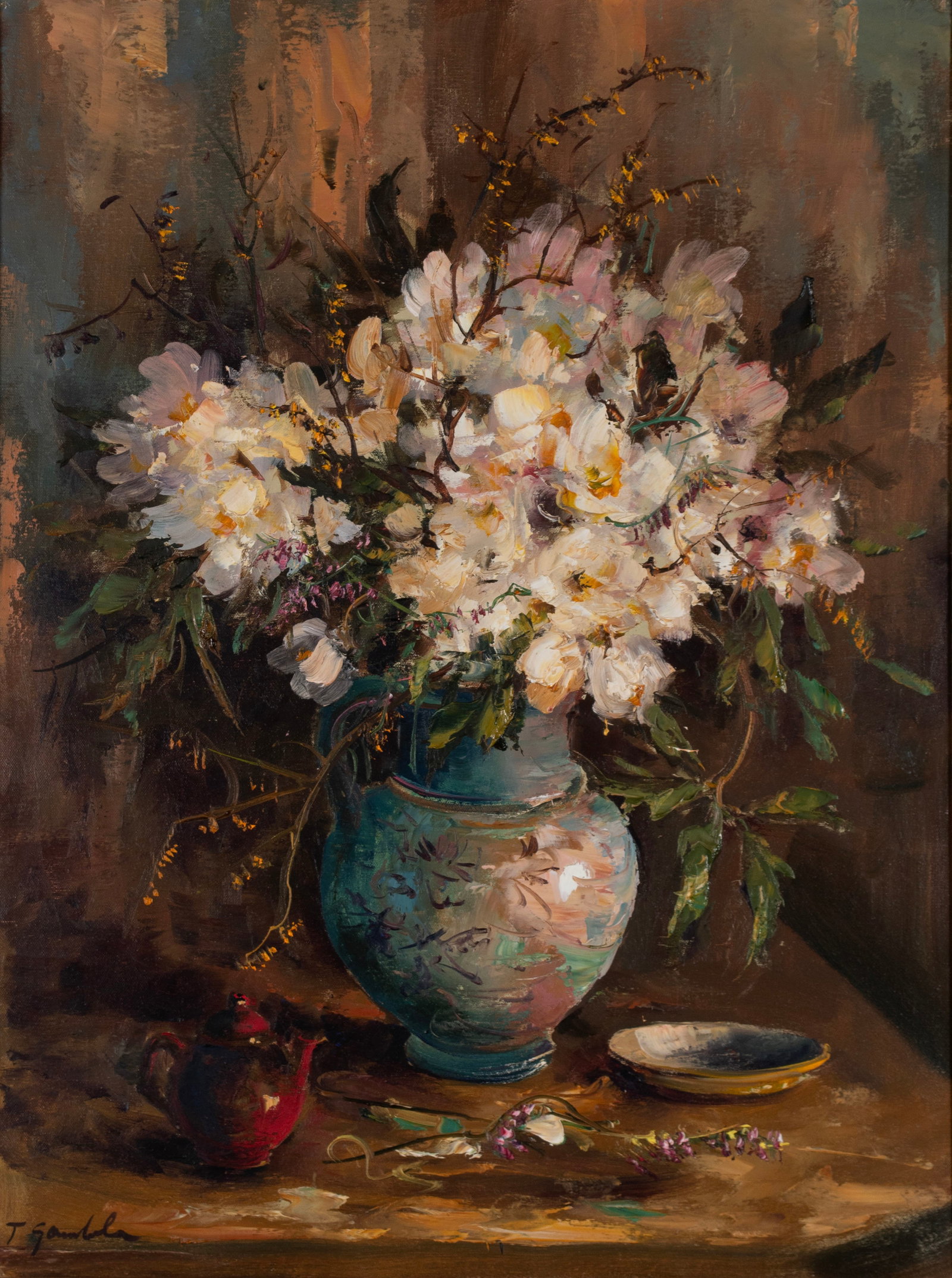 STILL LIFE, SIGNED 'T GANDOLA': STILL LIFE, SIGNED 'T GANDOLA' 20th century, oil on canvas, signed lower left. Still life with vase of flowers, framed. 31 1/2 x 23 1/2 in. (80 x 59.7 cm.), Frame: 40 1/2 x 32 3/4 in. (102.9 x 83.2 cm