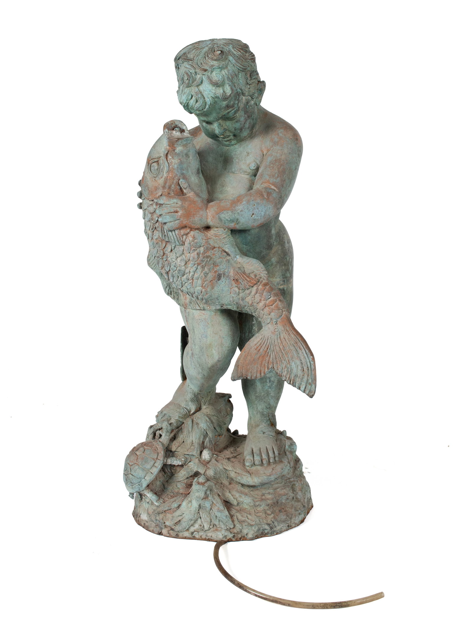FIGURAL BRONZE FOUNTAIN: FIGURAL BRONZE FOUNTAIN Continental, 20th century, bronze. Young child holding a large fish, the fountain at the fish's mouth, on a naturalistic ground with a turtle at his feet. 29 in. (73.7 cm.)