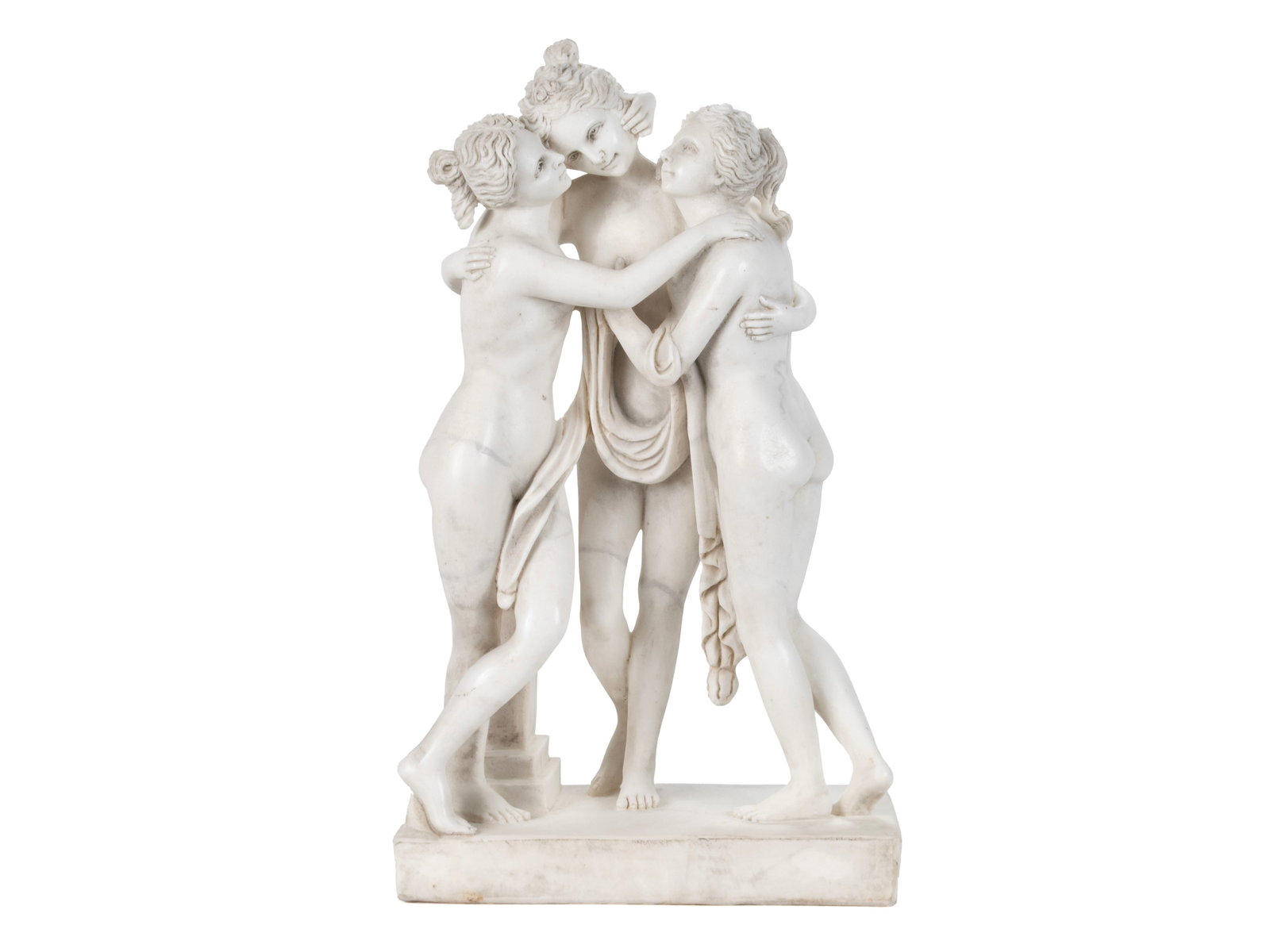 ALABASTER SCULPTURE OF 'THE THREE GRACES': ALABASTER SCULPTURE OF 'THE THREE GRACES' Continental, 20th century, alabaster. After Canova's neoclassical masterpiece, on rectangular base. 24 x 8 x 14 in. (61 x 20.3 x 35.6 cm.)