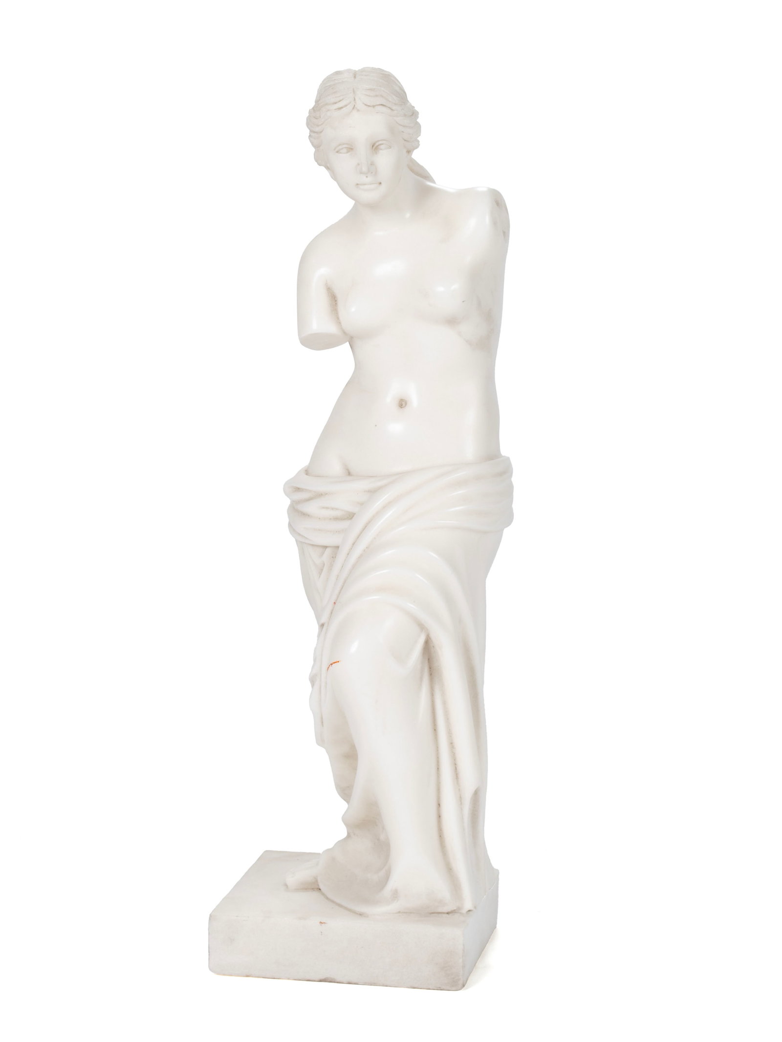 ALABASTER VENUS DE MILO SCULPTURE: ALABASTER VENUS DE MILO SCULPTURE Continental, 20th century, alabaster. After the original by Alexandros of Antioch, smaller wrap below the waist with glossy finish throughout and a square base. 29 x