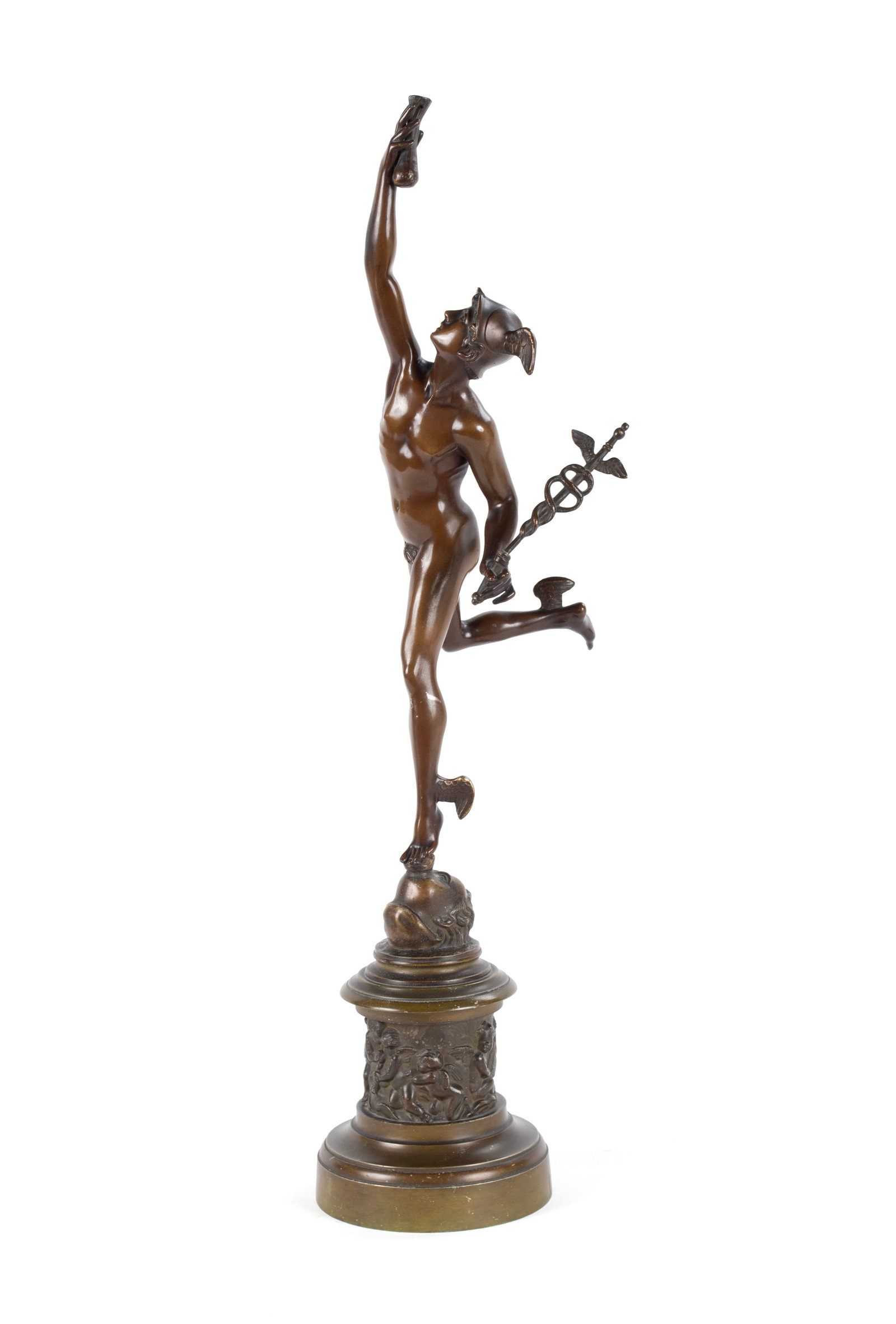 METAL FIGURE OF MERCURY: METAL FIGURE OF MERCURY 20th century, after Giambologna. With bronze finish. 27 x 8 in. (68.6 x 20.3 cm.)