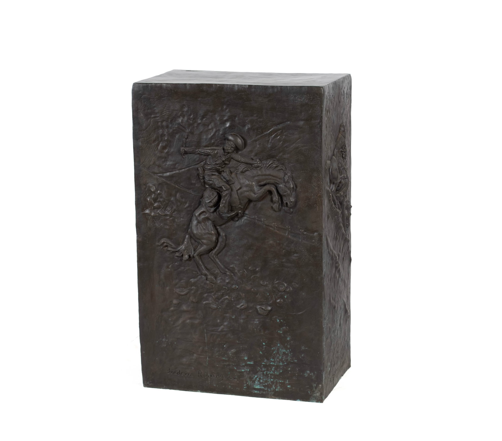 BRONZE PEDESTAL AFTER MARIO F. NARDINI: BRONZE PEDESTAL AFTER MARIO F. NARDINI American, 21st century, after the original Nardini that was cast in tribute to Frederick Remington. With reliefs to two sides highlighting Remington classics: ?B