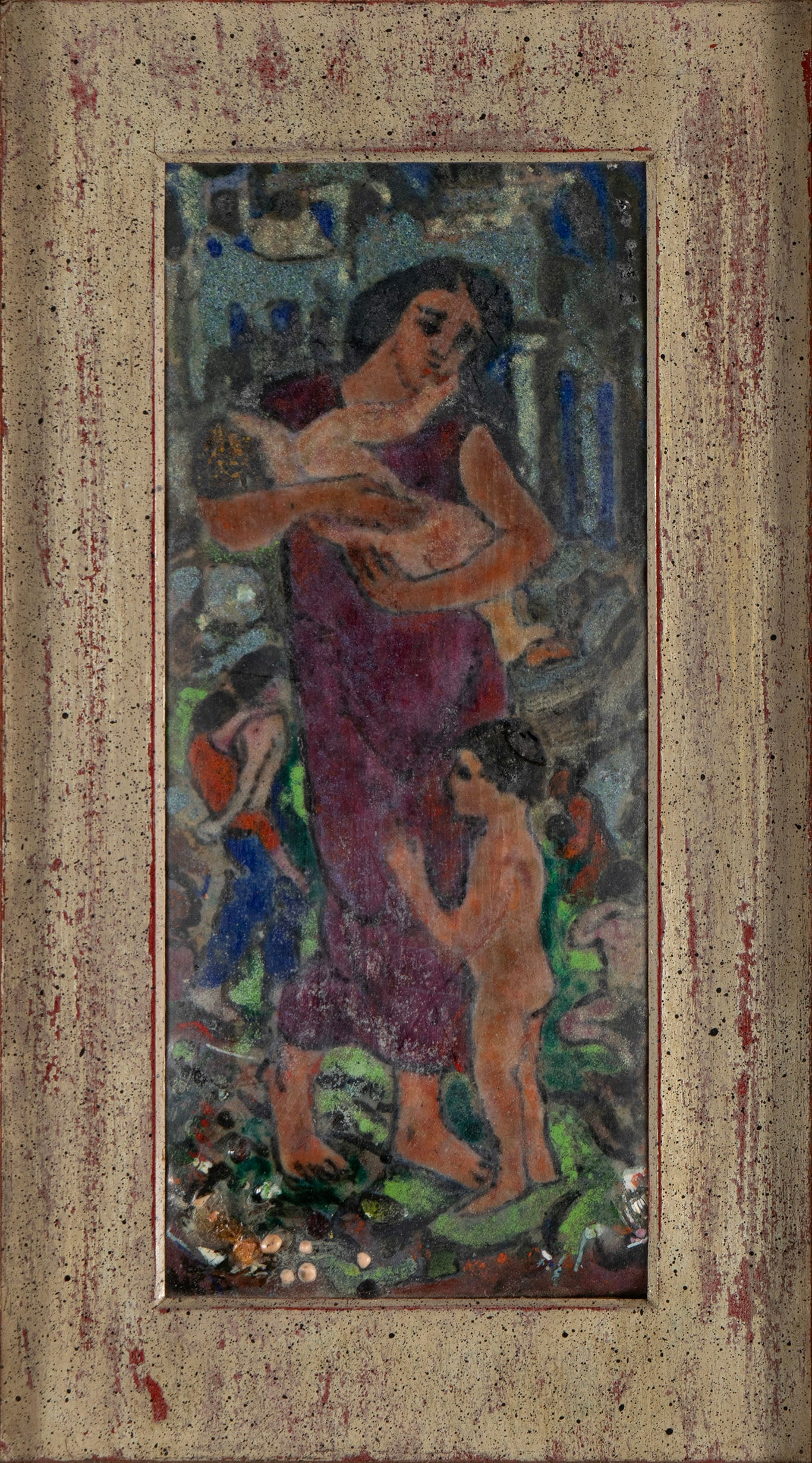 PAINTED ENAMEL PANEL: PAINTED ENAMEL PANEL 20th century. Painted and enameled copper of a mother and children, framed. 15 3/4 x 11 in. (40 x 27.9 cm.), 10 3/4 x 6 1/4 in. (27.3 x 15.9 cm.)