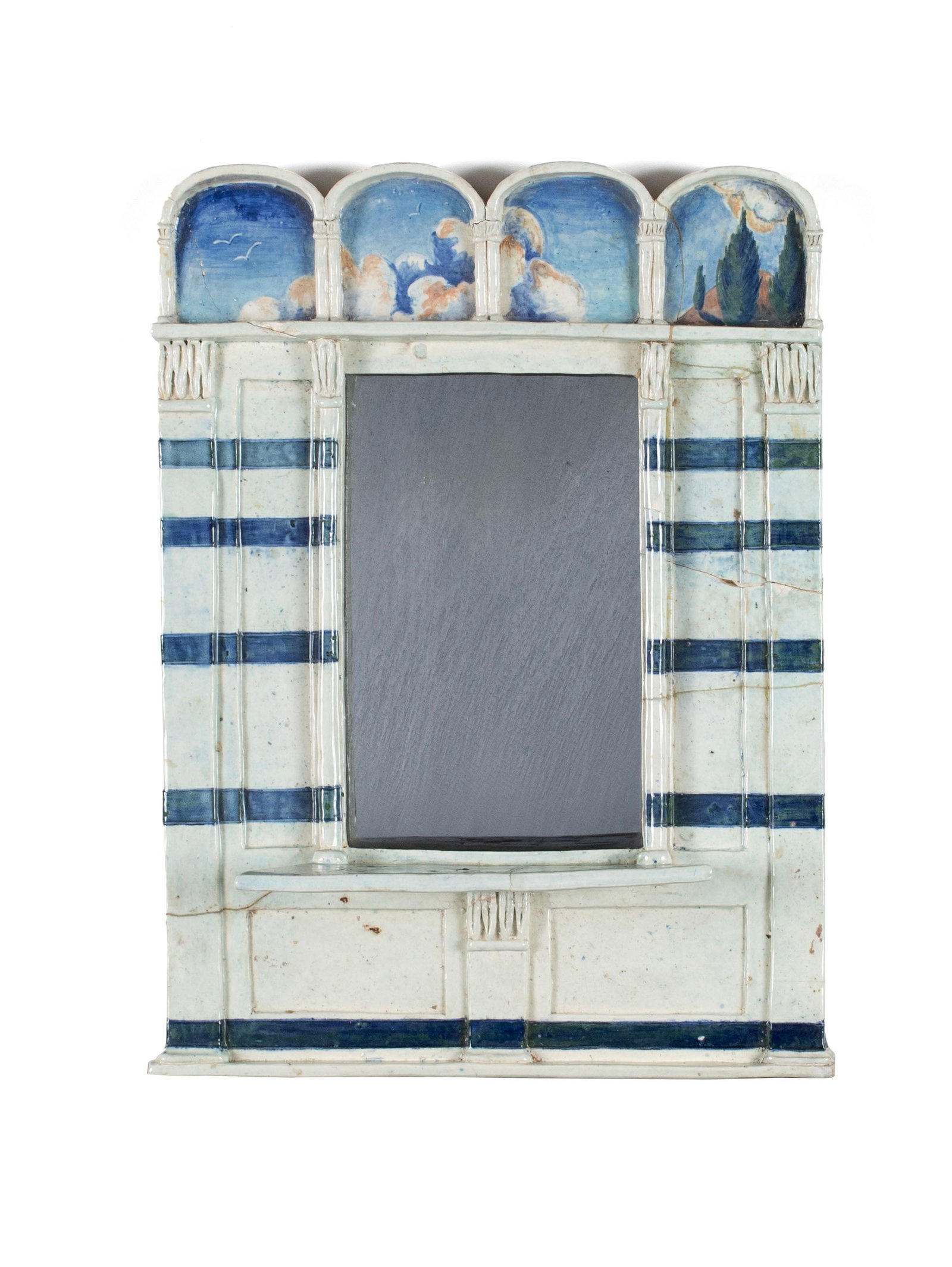 PATRICIA DEGENER CERAMIC WALL HANGING: PATRICIA DEGENER CERAMIC WALL HANGING 20th century. Painted architectural wall plaque with mirror, multiple repairs. 22 3/4 x 17 1/2 x 5 1/4 in. (57.8 x 44.5 x 13.3 cm.)