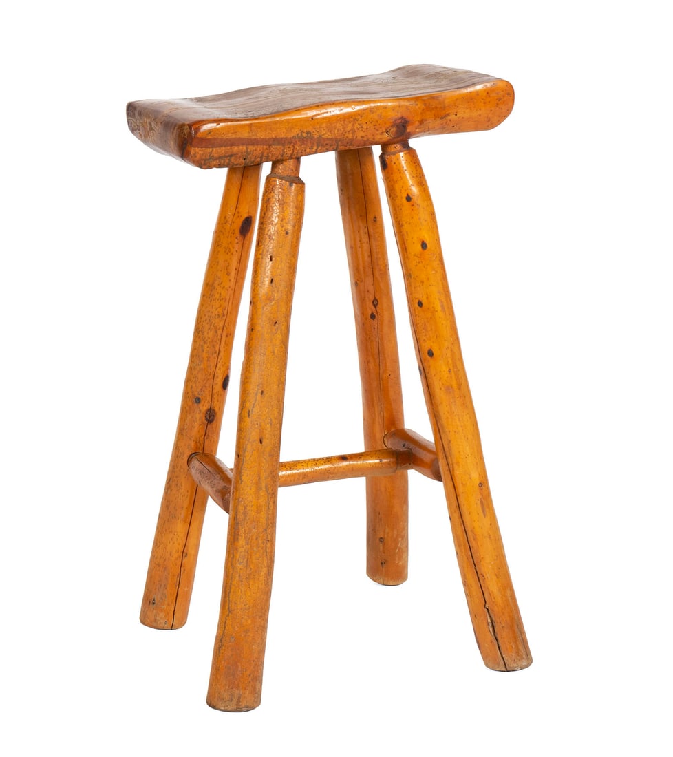 RUSTIC ADIRONDAK STOOL: RUSTIC ADIRONDAK STOOL American, mid-20th century. Rectangular seat on thick stick legs and stretchers. 30 x 18 1/2 x 16 in. (76.2 x 47 x 40.6 cm.)