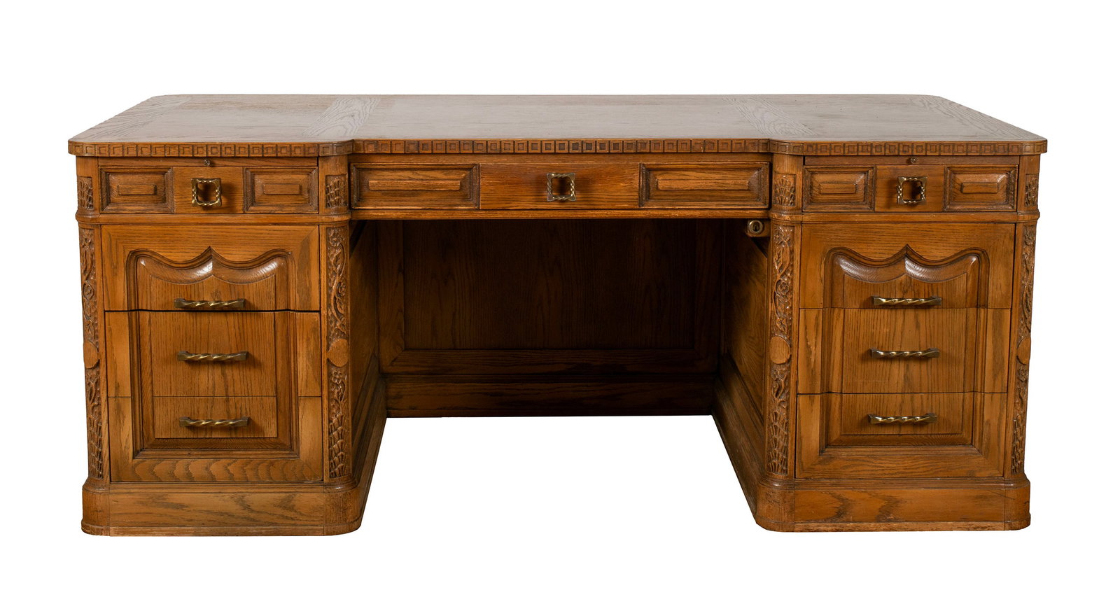 ROMWEBER VIKING OAK EXECUTIVE DESK: ROMWEBER VIKING OAK EXECUTIVE DESK American, 3rd quarter 20th century. Rectangular surface over the central frieze drawer at the kneehole opening, flanked by drawers to both sides. 30 x 38 x 72 in.