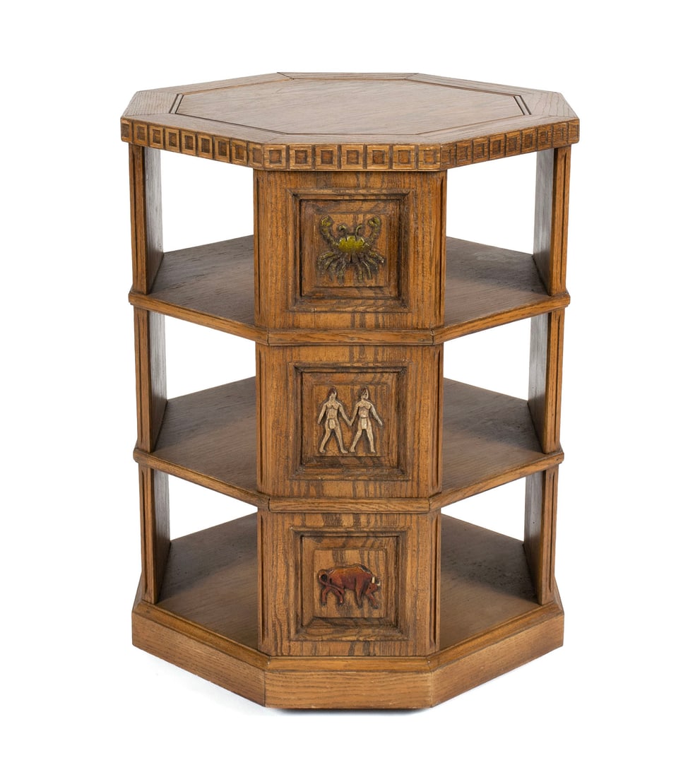 ROMWEBER OCTAGONAL ZODIAC SIDE TABLE: ROMWEBER OCTAGONAL ZODIAC SIDE TABLE American, 3rd quarter 20th century. Two open shelves below and the open area at the floor, with twelve decorative panels representing the signs of the zodiac. 28