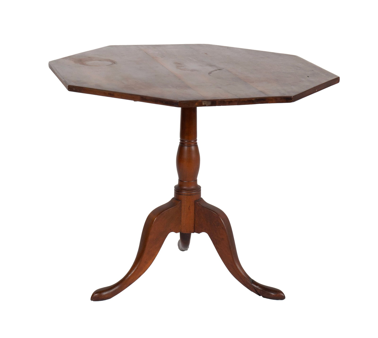 FEDERAL TILT TOP TEA TABLE: FEDERAL TILT TOP TEA TABLE 19th century, with alterations. Octagonal top on turned standard and tripod base. 26 1/2 x 32 1/2 in. (67.3 x 82.6 cm.)
