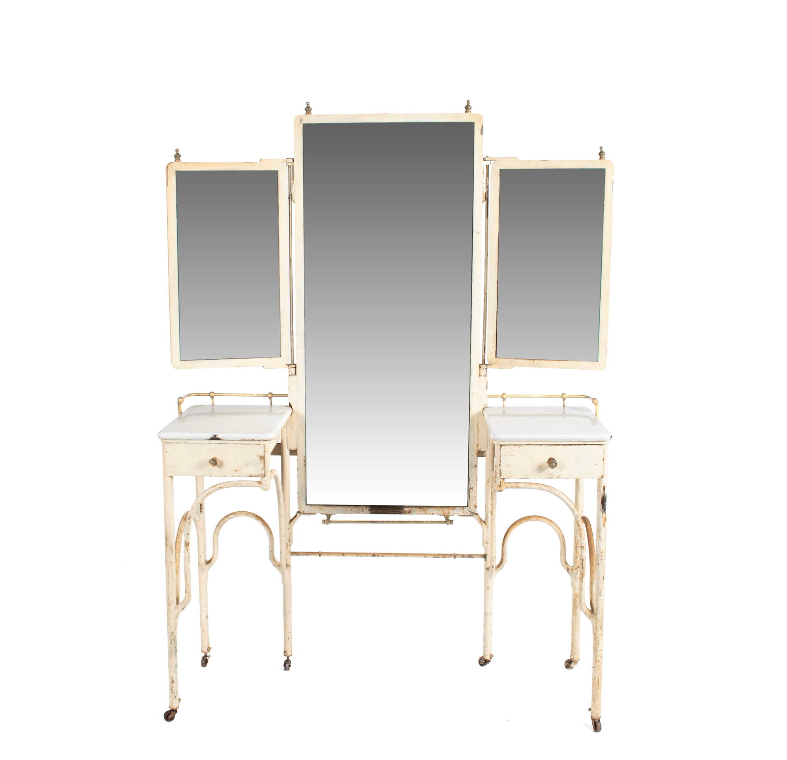 METAL VANITY BY AMERICAN FIXTURE & SHOWCASE CO.: METAL VANITY BY AMERICAN FIXTURE & SHOWCASE CO. St Louis, Missouri, circa 1920s, all metal. On tall legs with rollers, showing a short drawer to each side below metal surfaces, flanking the open