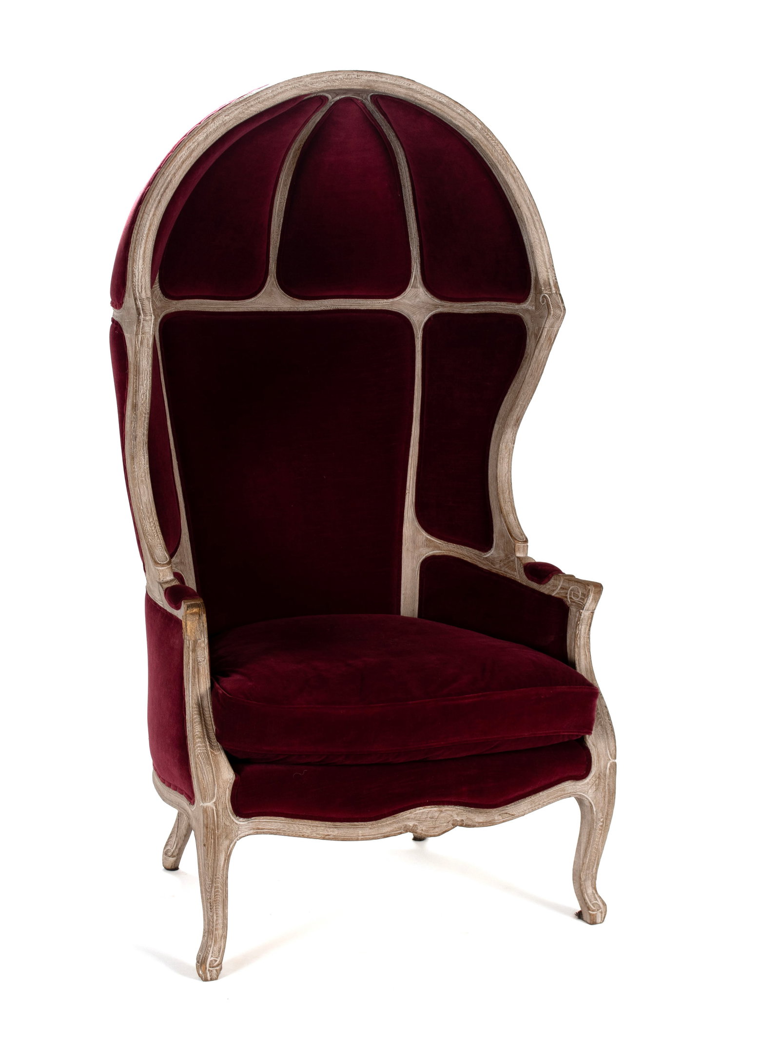 PROVINCIAL STYLE VERSAILLES CHAIR BY RESTORATION HARDWARE: PROVINCIAL STYLE VERSAILLES CHAIR BY RESTORATION HARDWARE American, 20th century. Hooded form armchair covered in red velvet upholstery. 60 x 33 x 38 in. (152.4 x 83.8 x 96.5 cm.)