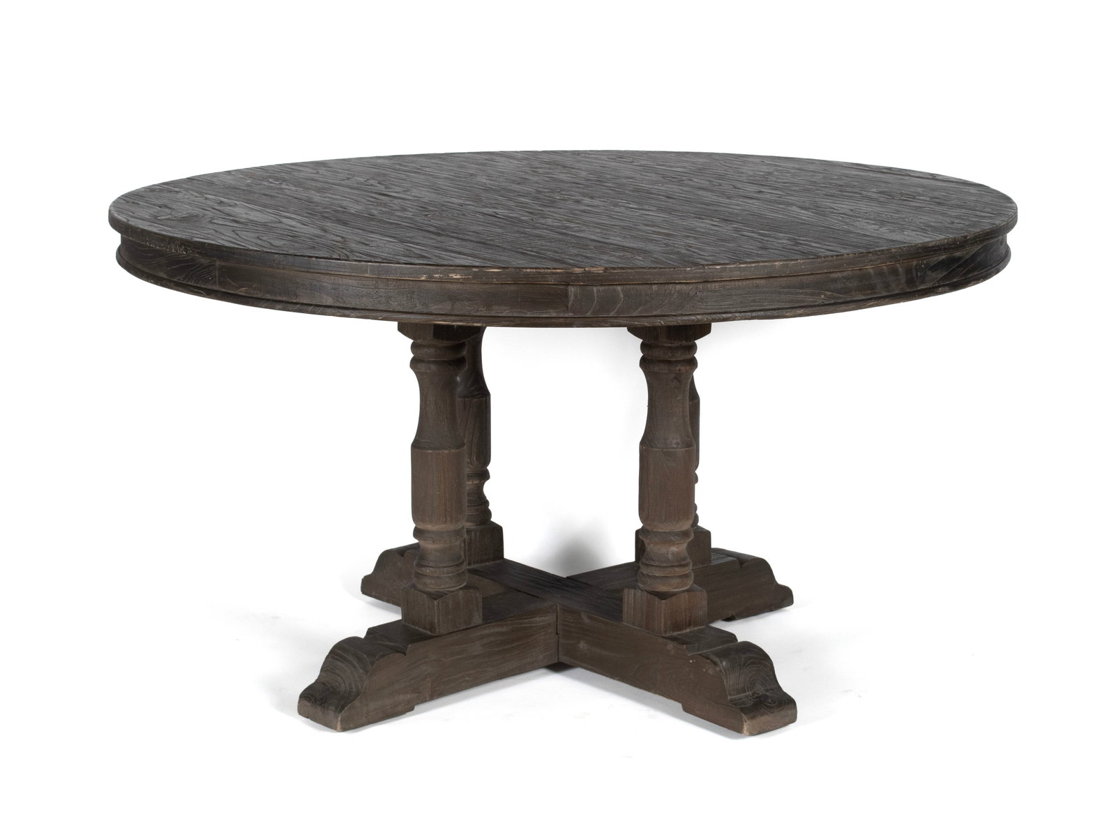 CIRCULAR DINETTE TABLE BY RESTORATION HARDWARE: CIRCULAR DINETTE TABLE BY RESTORATION HARDWARE American, 20th century. Top rests on the quadripartite pedestal base, the wood with semi-transparent dark finish. 31 x 60 x 60 in. (78.7 x 152.4 x 152.4