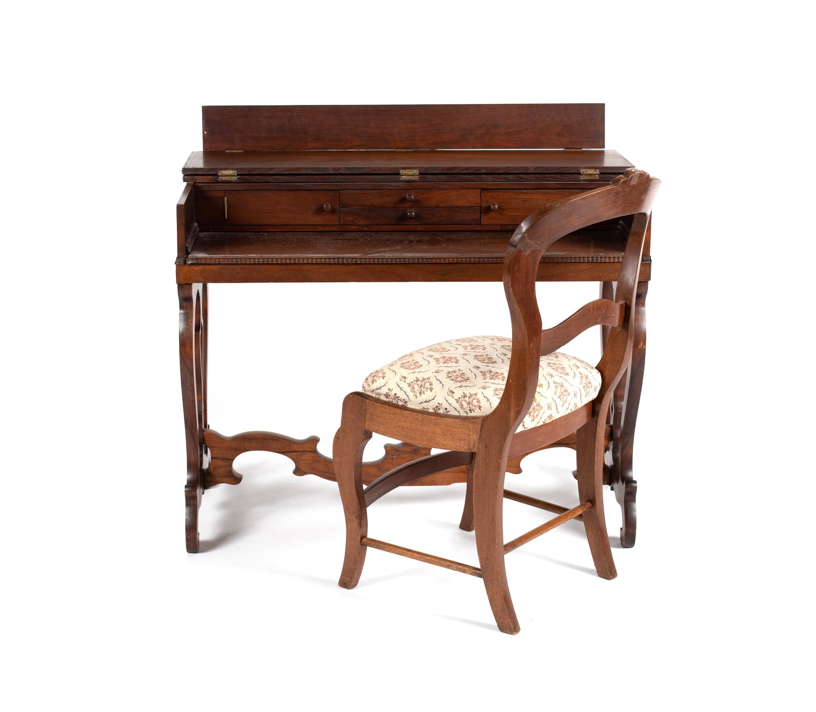 SPINET DESK AND CHAIR: SPINET DESK AND CHAIR American, 20th century. Fitted interior to the hinged covered interior, on twin end supports, together with a side chair. Desk: 29 1/2 x 27 x 19 in. (74.9 x 68.6 x 48.3 cm.)