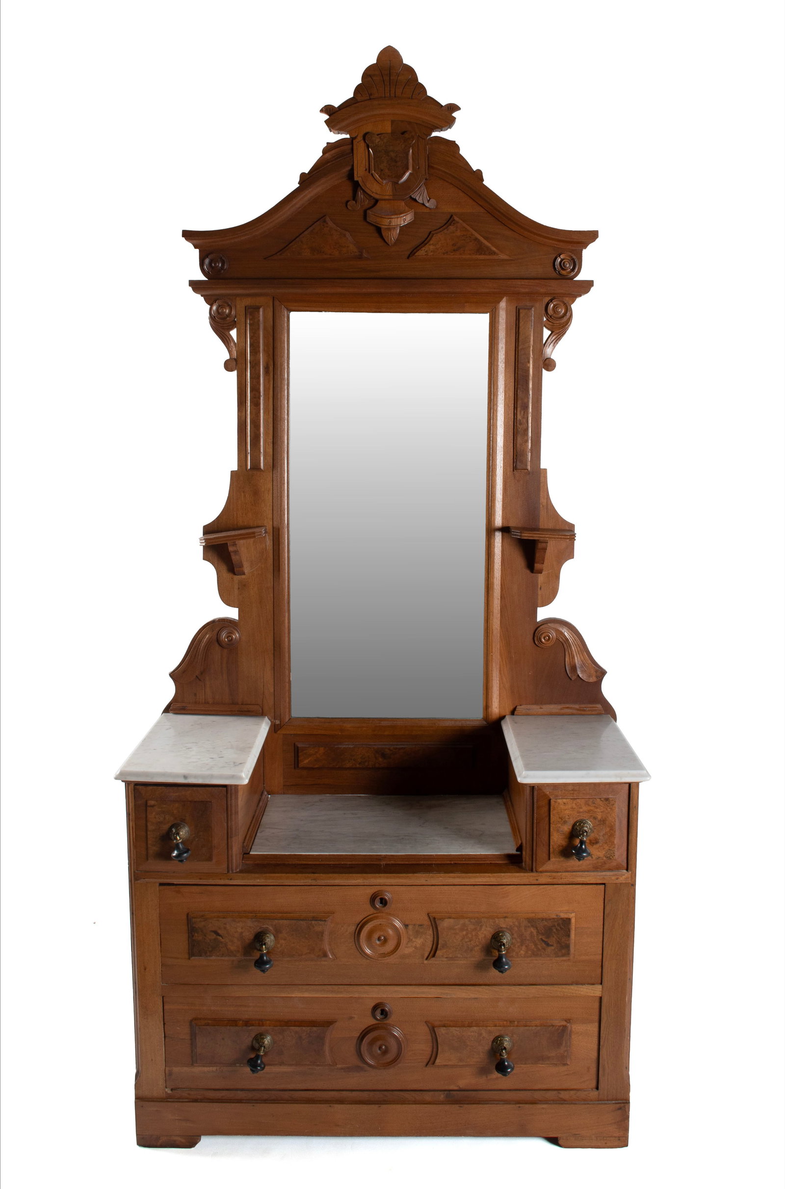 VICTORIAN MARBLE DRESSER WITH MIRROR: VICTORIAN MARBLE DRESSER WITH MIRROR American, 19th century. Scrolling foliate crest over the mirror flanked with candle shelves, above the case with twin glove drawers flanking the recessed center