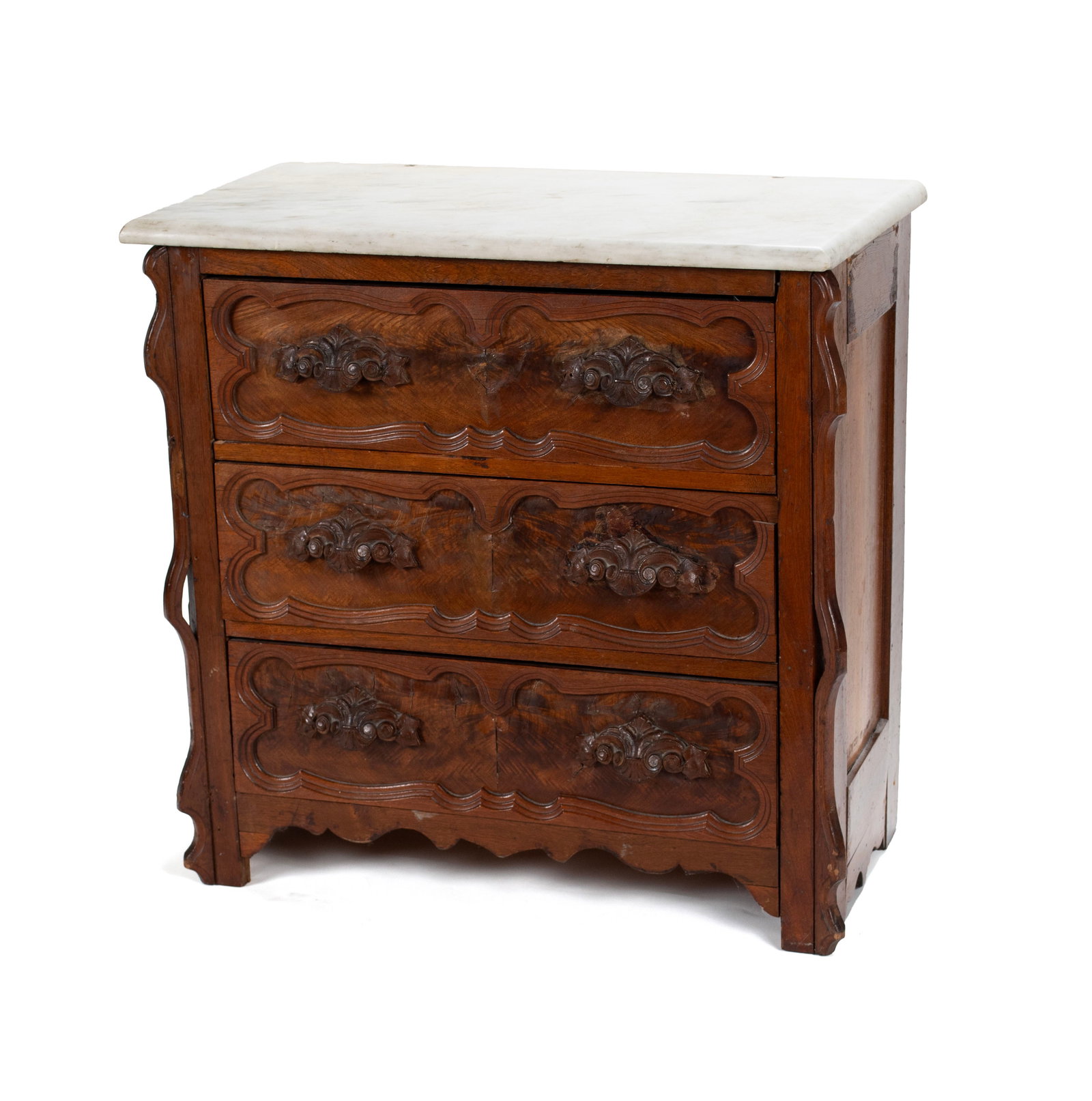 VICTORIAN THREE DRAWER MARBLE TOP CHEST: VICTORIAN THREE DRAWER MARBLE TOP CHEST American, 19th century, walnut. White marble top over three long drawers with foliate and scroll carved handles. 29 x 30 x 16 in. (73.7 x 76.2 x 40.6 cm.)
