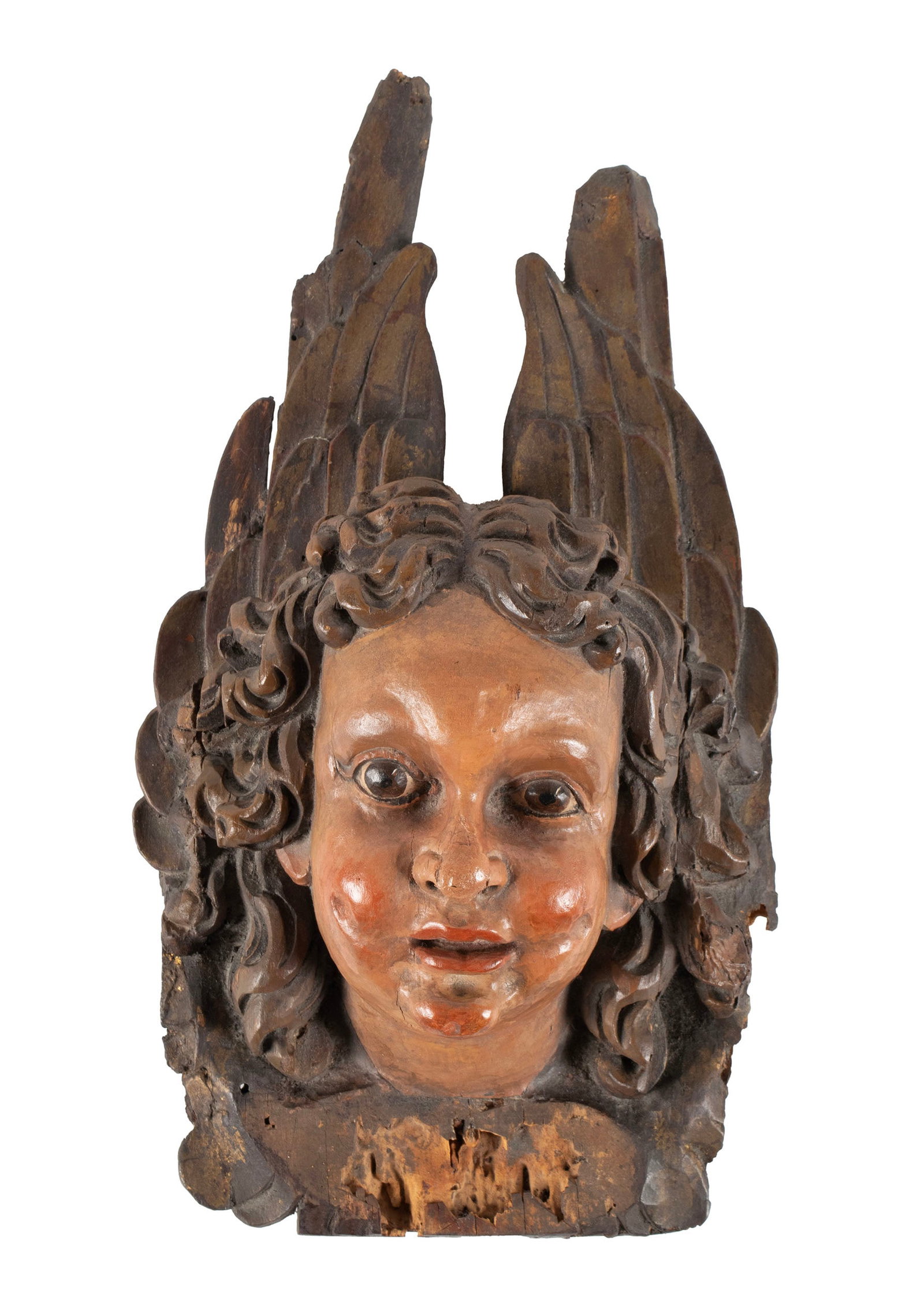 CARVED WOOD ANGEL: CARVED WOOD ANGEL Continental, 19th century. Carved and painted wood carving fragment. 14 1/2 x 8 x 4 1/2 in. (36.8 x 20.3 x 11.4 cm.)