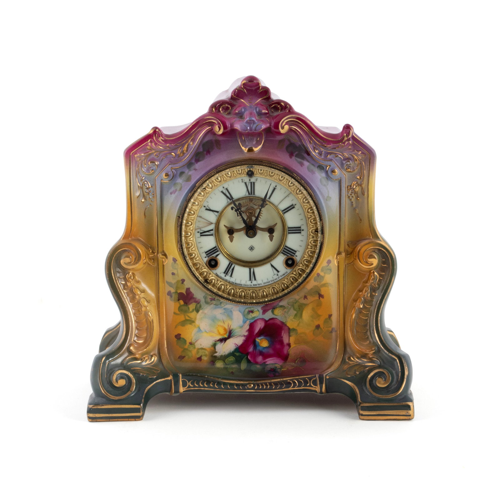 ANSONIA AND ROYAL BONN PORCELAIN CLOCK: ANSONIA AND ROYAL BONN PORCELAIN CLOCK 20th century. Polychrome case with floral decoration, marked on dial, works and to back of case. 11 3/4 x 6 x 11 1/2 in. (29.8 x 15.2 x 29.2 cm.)