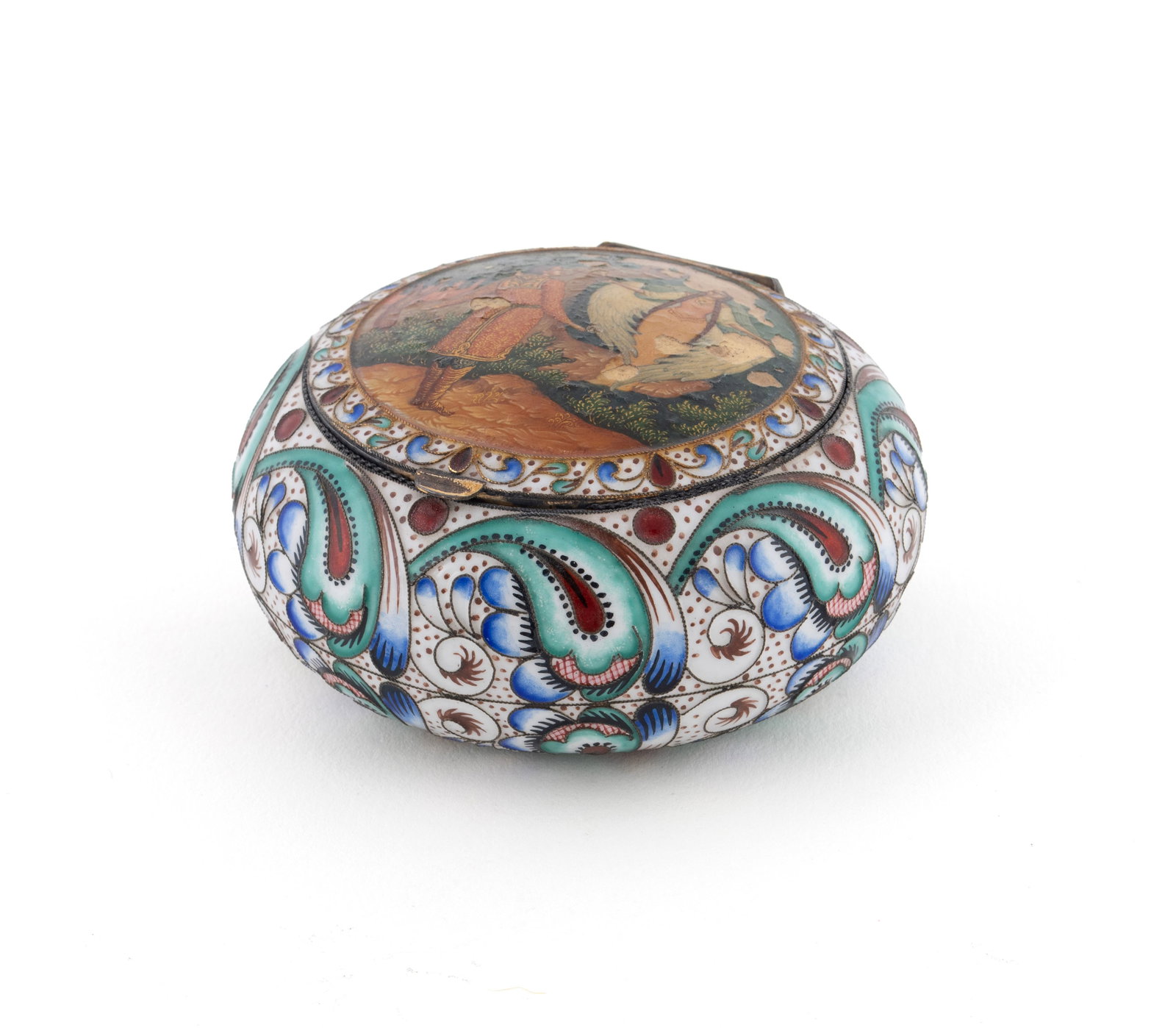 RUSSIAN ENAMELED STERLING BOX: RUSSIAN ENAMELED STERLING BOX 20th century. Sterling silver enameled trinket box with religious scene to lid, marked 'Sterling Made in Soviet Union' on underside. 2 x 4 in. (5.1 x 10.2 cm.)