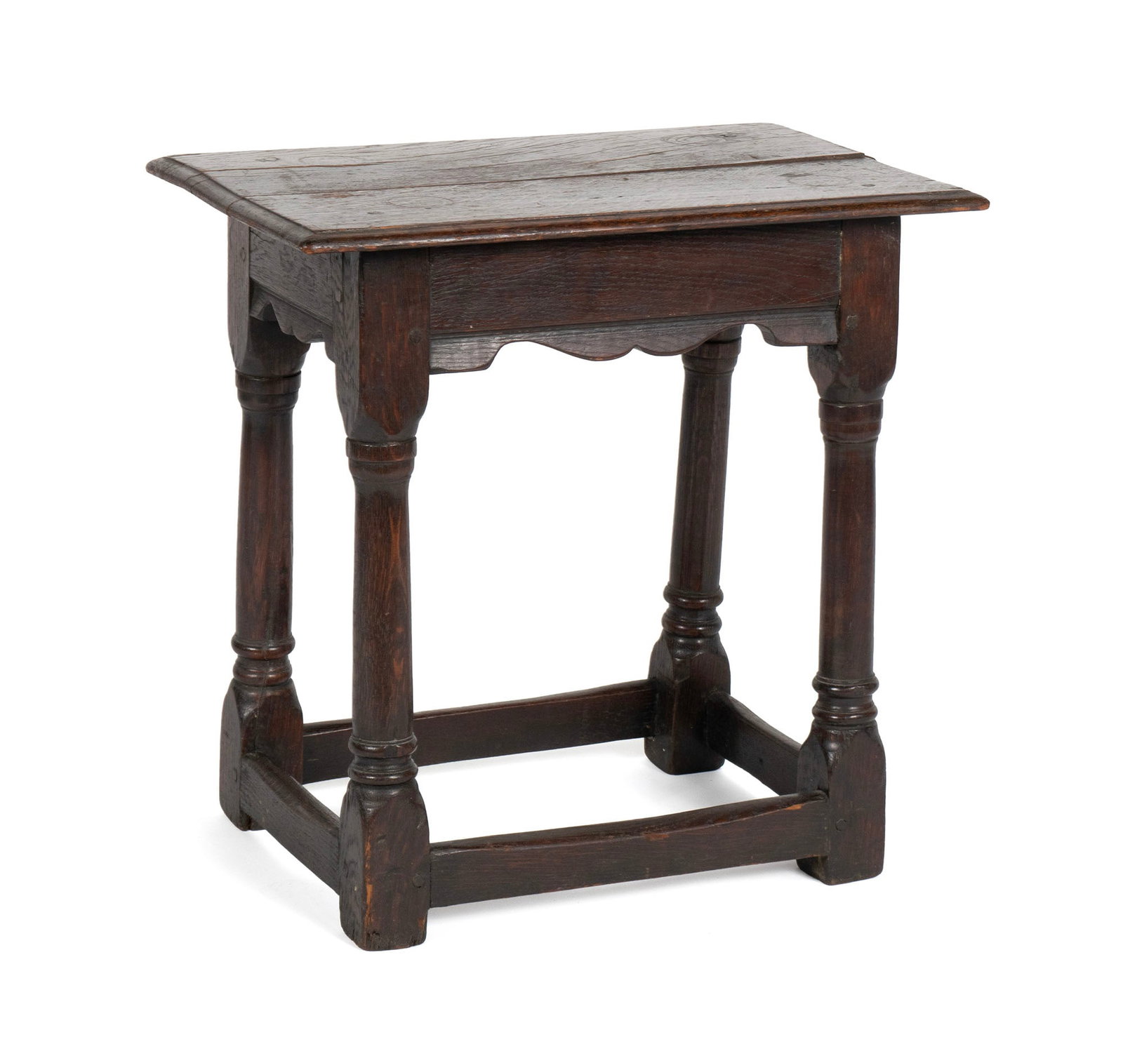 OAK JOINT STOOL: OAK JOINT STOOL English, 18th century. Rectangular form with turned legs and supports, box stretcher at the floor. 19 1/2 x 20 x 12 1/2 in. (49.5 x 50.8 x 31.8 cm.)