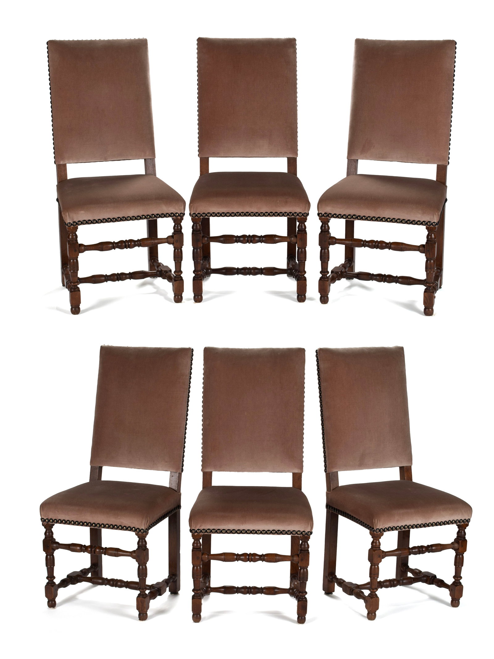 SET OF SIX LOUIS XIII STYLE DINING CHAIRS: SET OF SIX LOUIS XIII STYLE DINING CHAIRS Continental, early 20th century. Velvet upholstered dining chairs on block and turned legs joined by stretchers. 40 1/2 x 18 x 21 in. (102.9 x 45.7 x 53.3